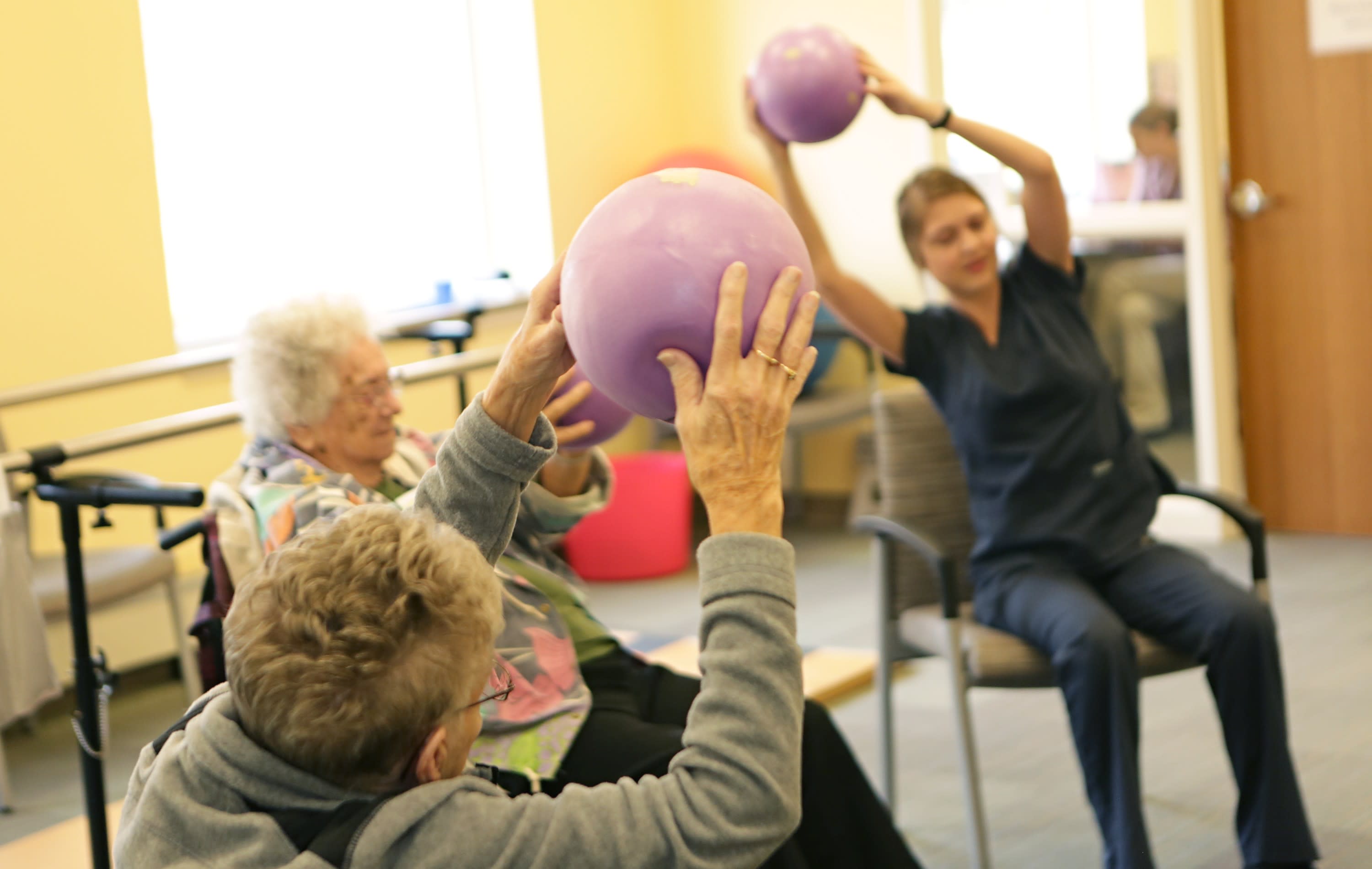 Physical and Occupational Therapists lead group sessions to maintain the strength needed for seniors to live at home.