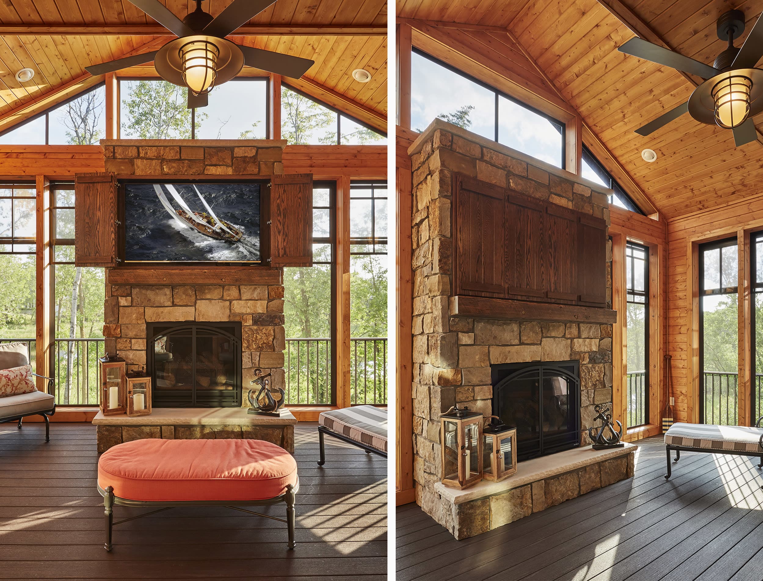 Interior porch with fireplae and TV cabinet