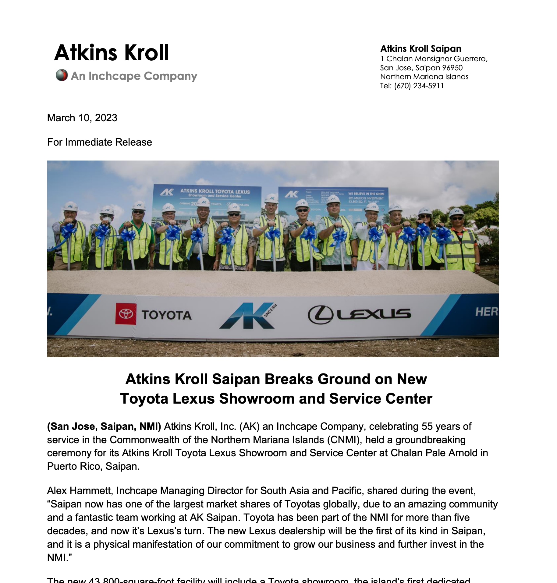 Atkins Kroll Saipan Breaks Ground on New Toyota Lexus Showroom and
