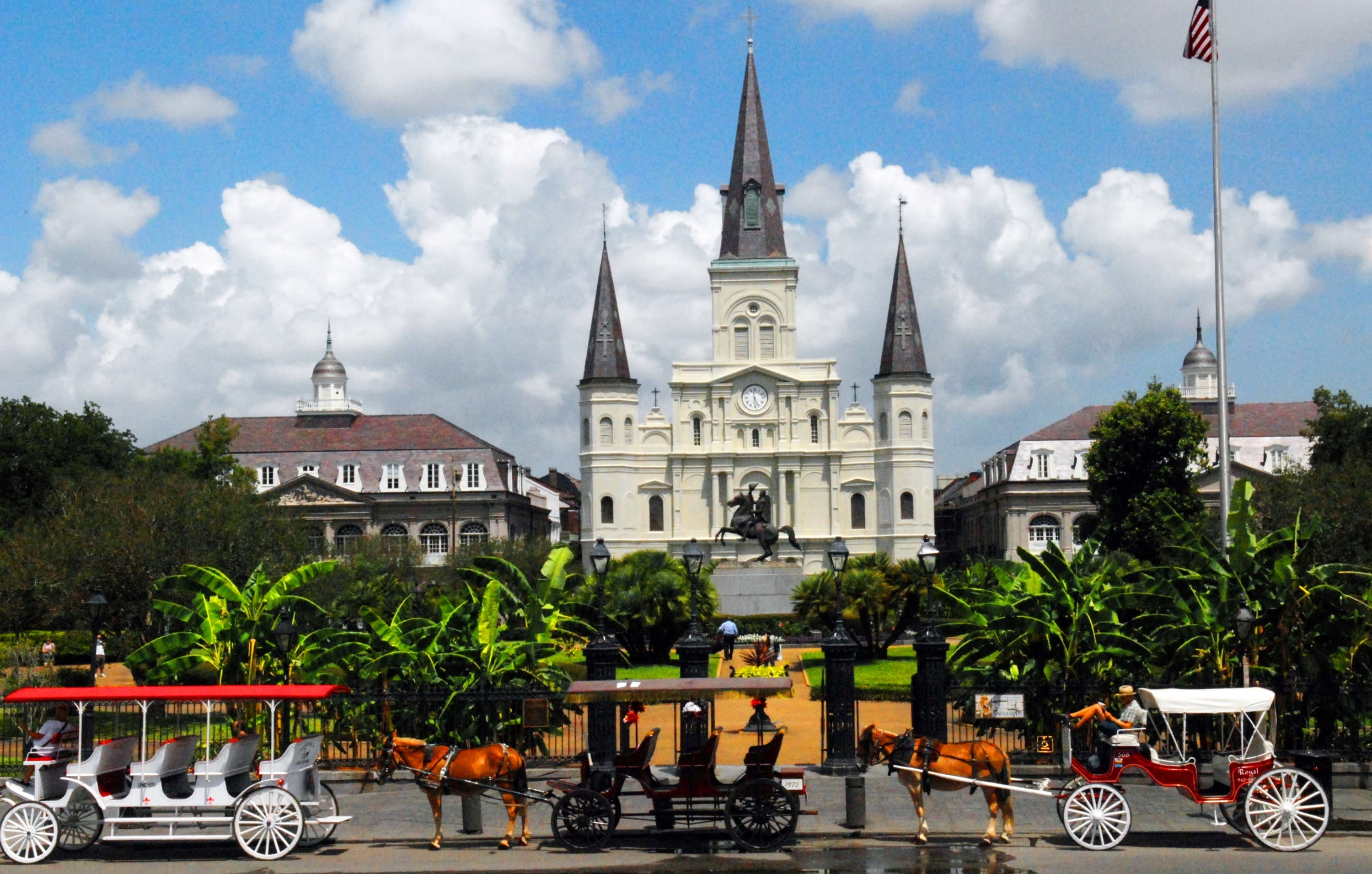 New Orleans historic buildings: The Cabildo, the St. Louis Cathedral, and the Presbytere