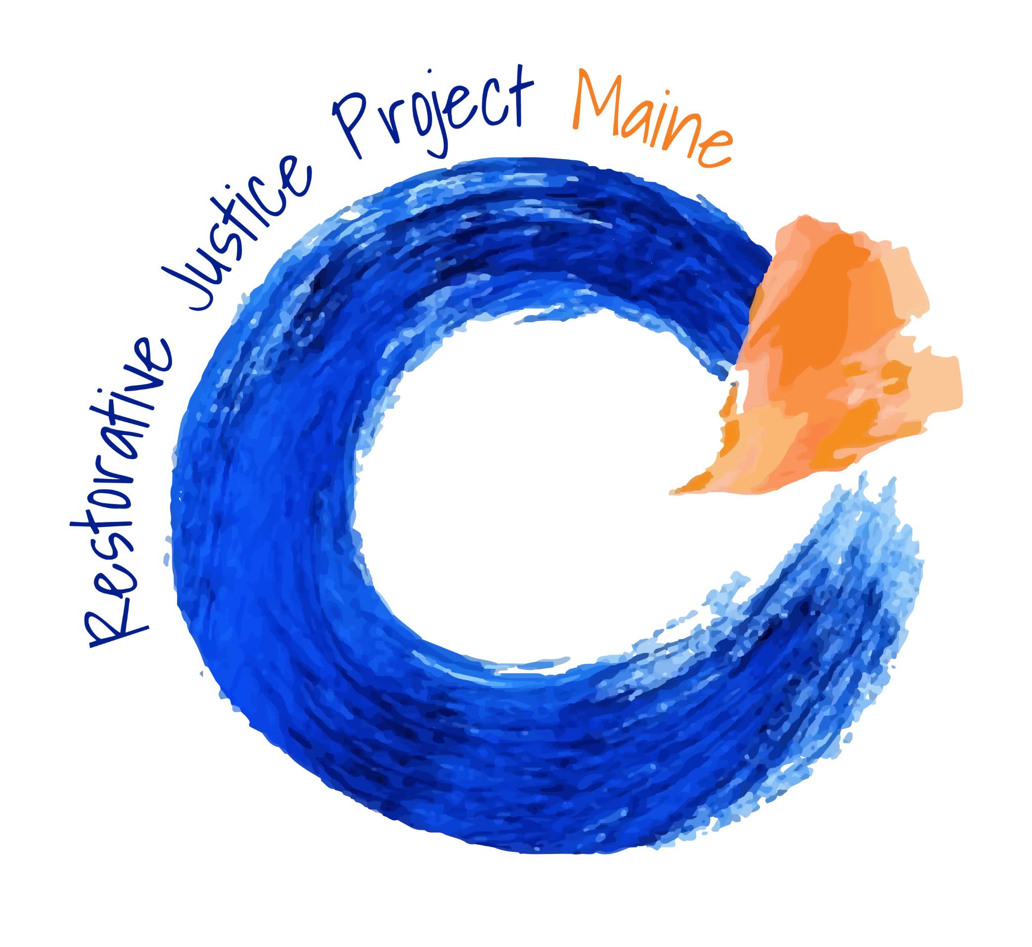 Restorative Justice Project Maine with a blue circle and an orange heart