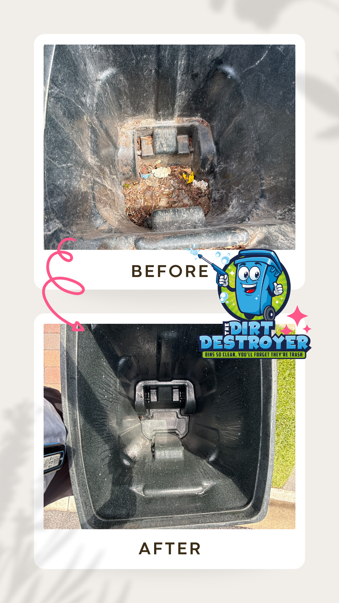 The Dirt Destroyer - Before and After Photo of Trash Bin Cleaning
