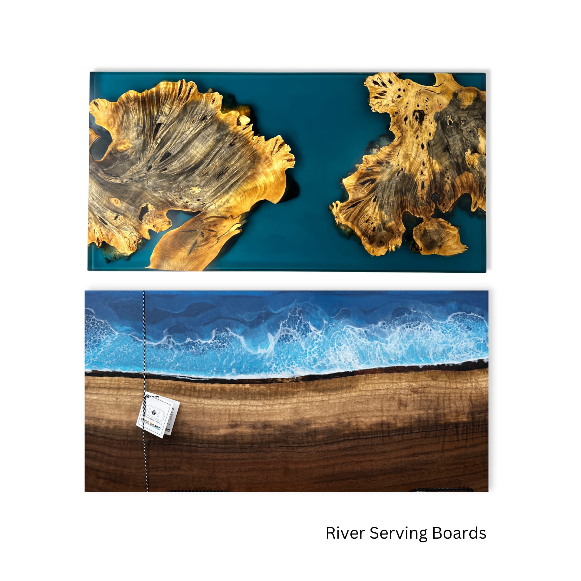 Image of two serving boards made of wood immersed in epoxy resin.