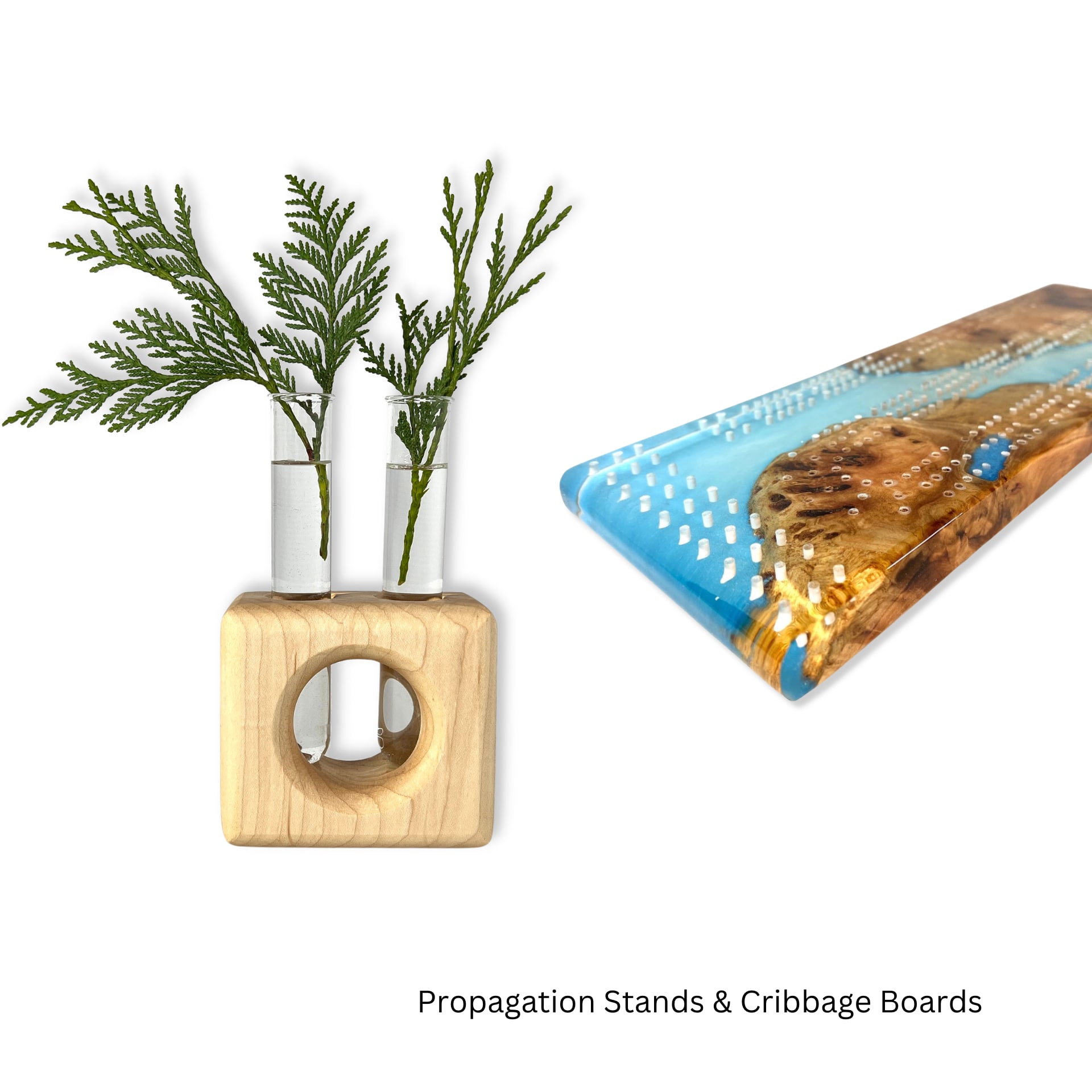 Image of one propagation station made of wood and glass and one epoxy resin and wood cribbage board