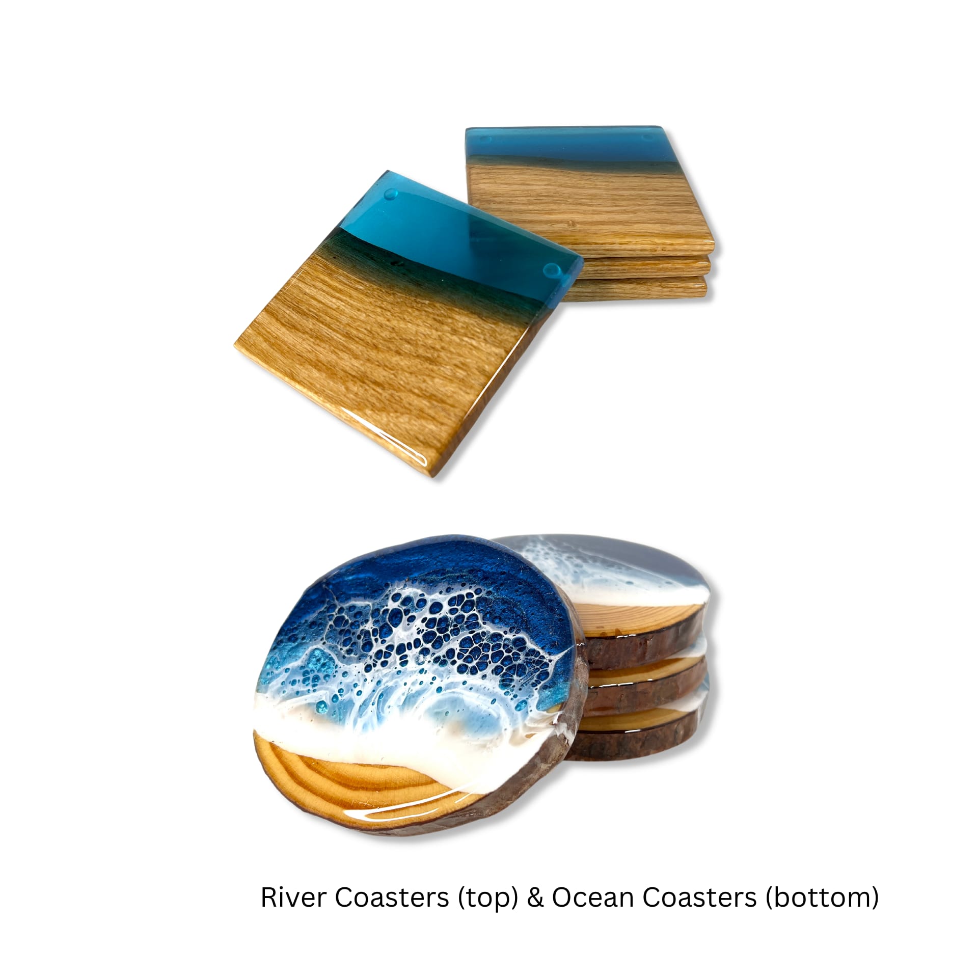 Image of two sets of coasters. They are both made of wood and epoxy resin, one has ocean-themed epoxy resin artwork on them.