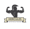 Outline of man flexing with large muscles and a roman soldier helmet on. The text reads "Hercules Nutrition & Training"