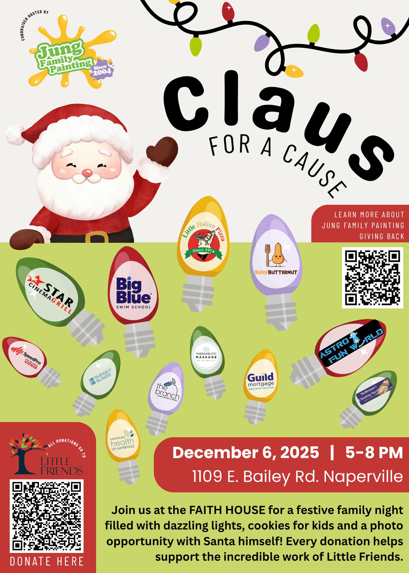 Flyer for the 5th Annual Claus for a Cause event with Santa. Event details December 6, 2025