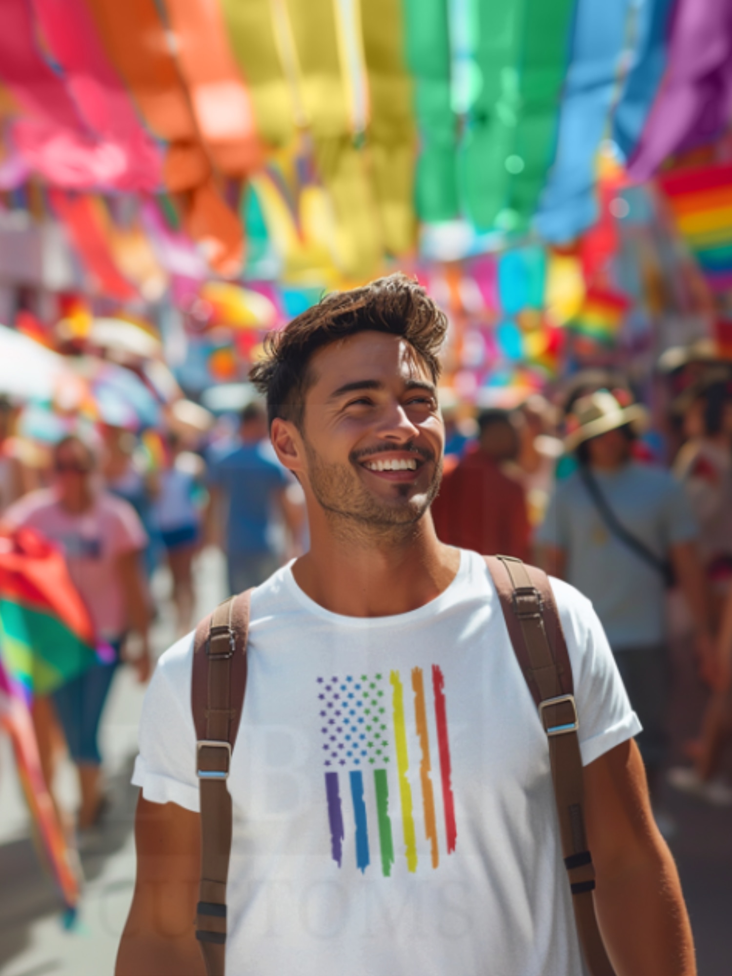 Person smiling wearing a white shirt with pride color flag and a backpack