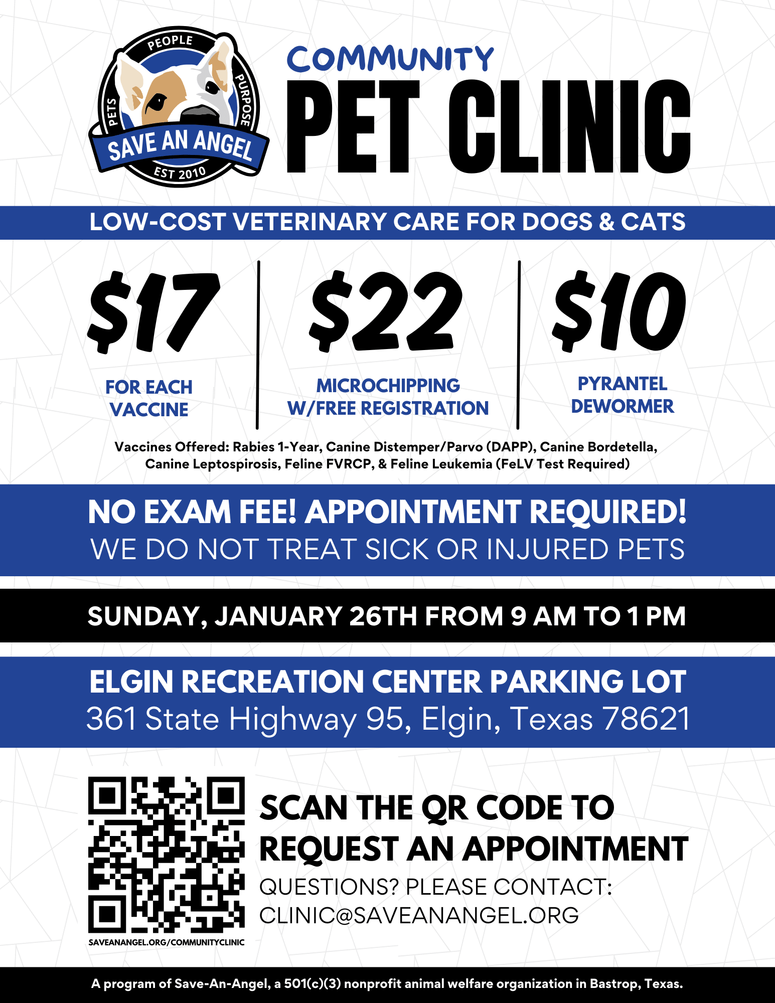 Community Pet Clinic January 26th from 9AM - 1PM