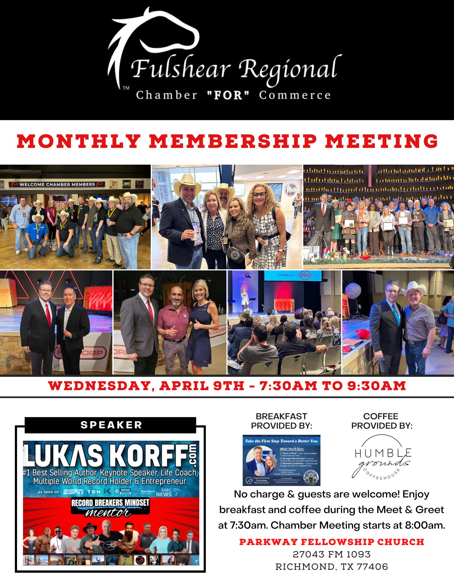 Flyer promoting the Fulshear Regional Chamber of Commerce Monthly Meeting on April 9, 2025, guest speaker Lukas Korff