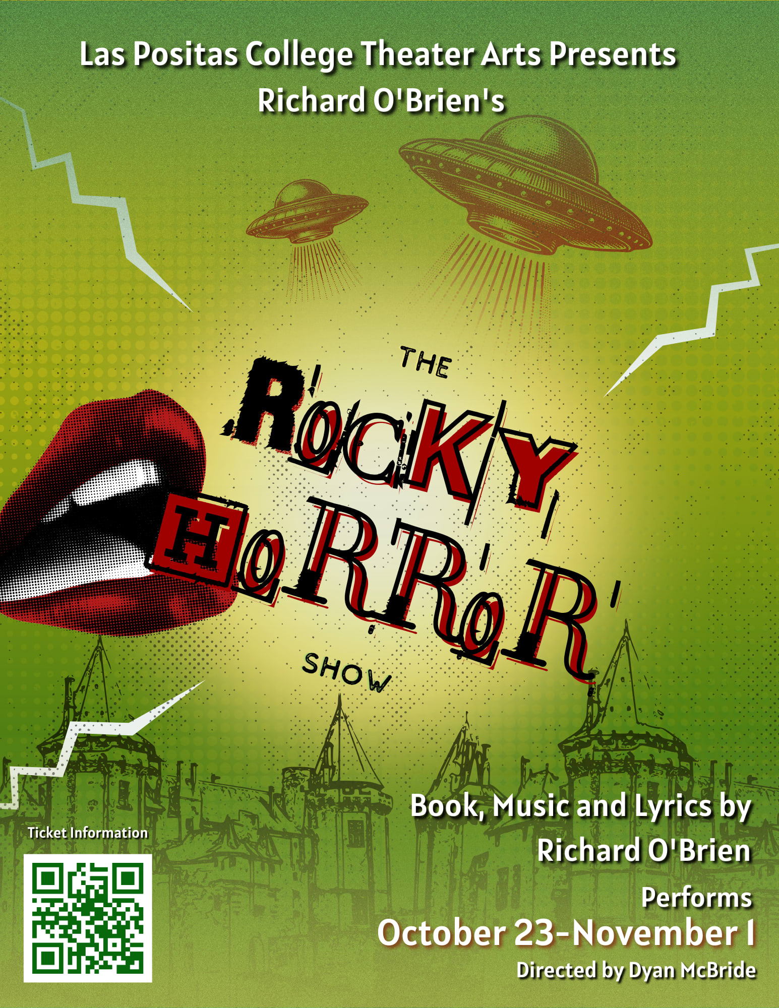 Space Ships hover over Red Lips biting onto Rocky Horror Show by Richard O'Brien