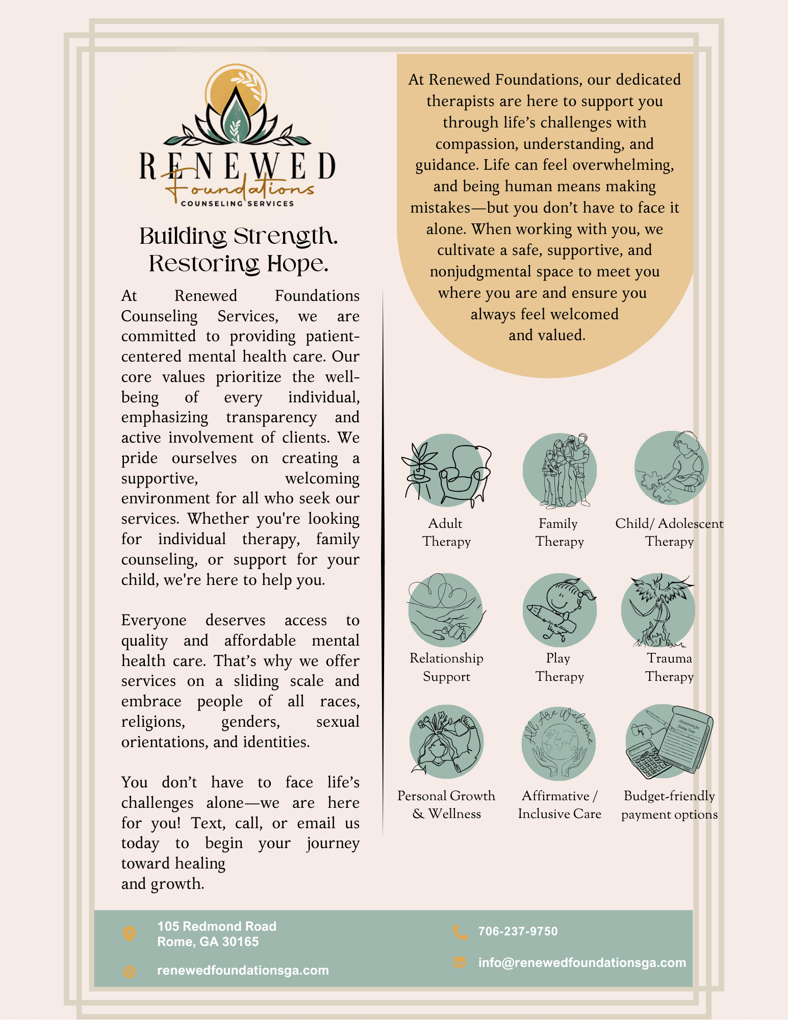 Flyer for Renewed Foundations Counseling Services offering inclusive, affordable therapy and multiple specialties
