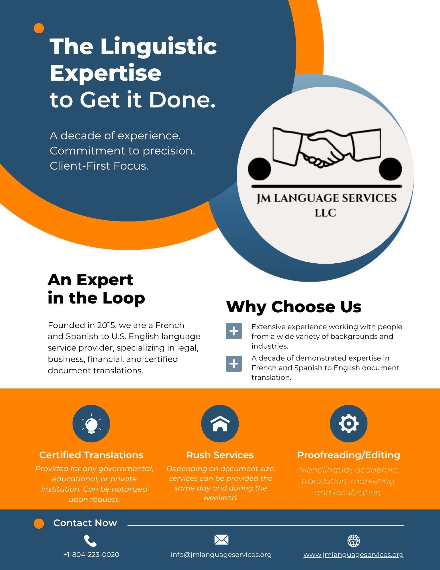 Flyer for JM Language Services LLC featuring logo and description of services