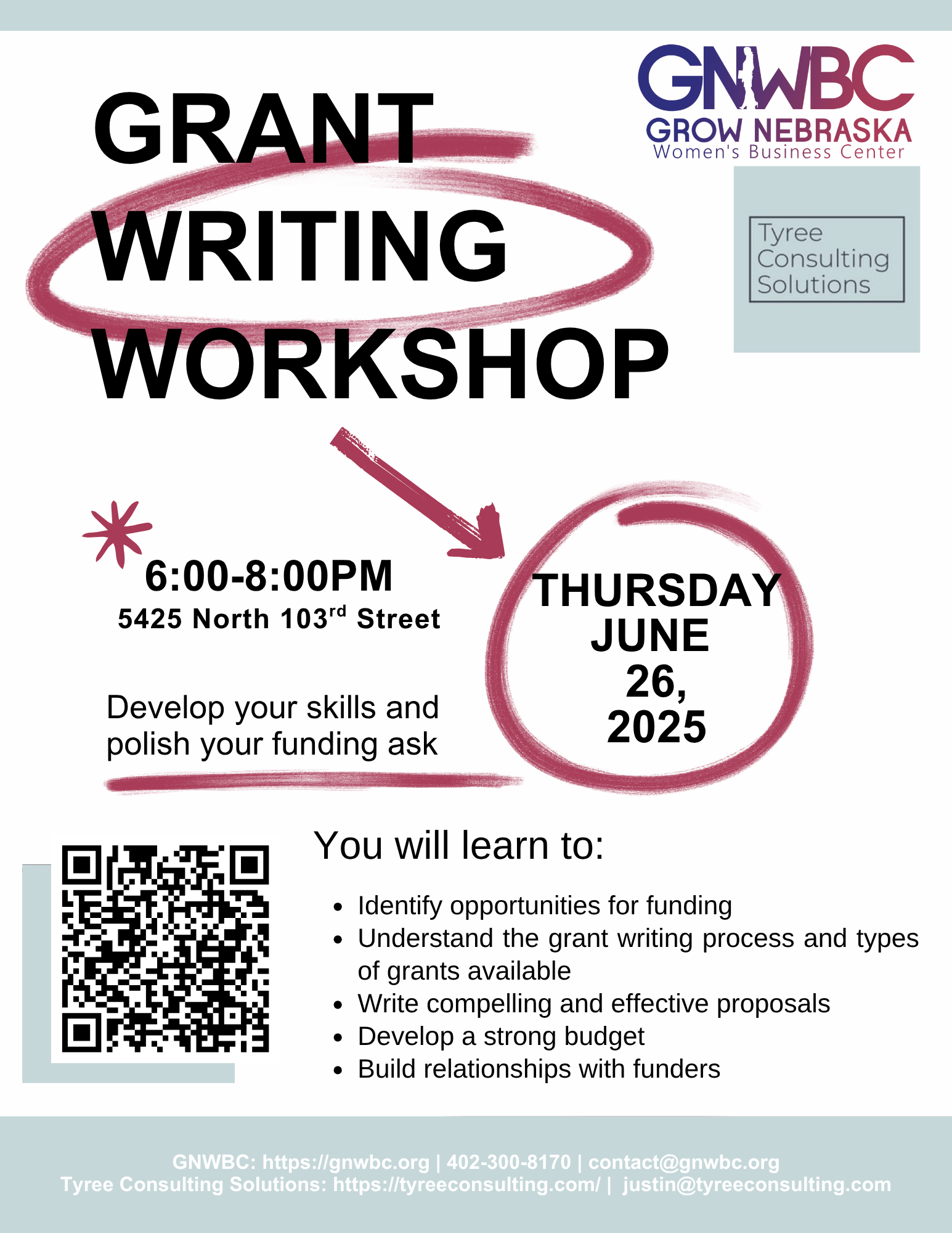 Grant Writing Workshop hosted by Justin Tyree on June 26th from 6:00pm-8:00pm in the Commonwealth located at 5425 North 103rd