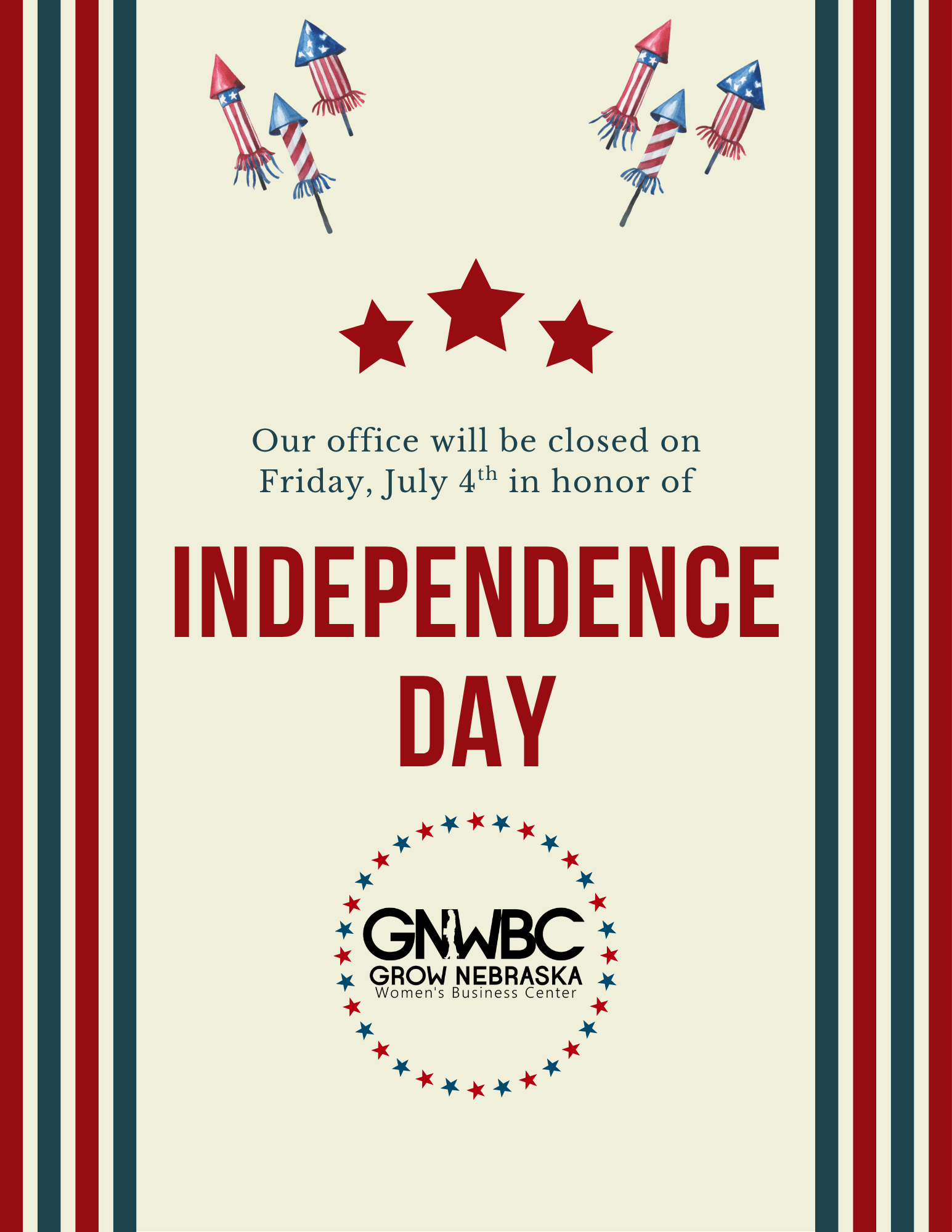 Cream-colored Independence Day flyer with blue and red stripes down the left and right sides