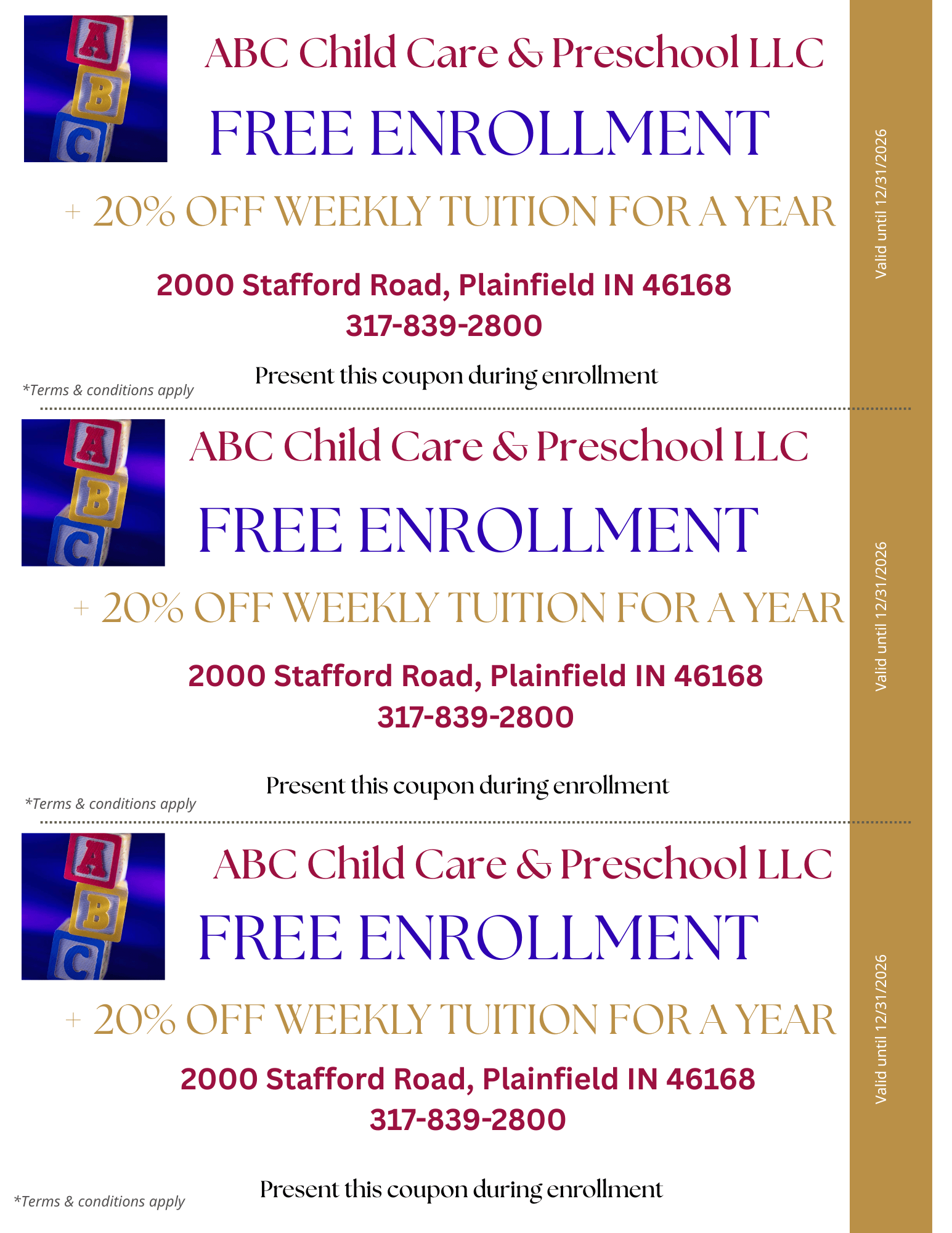 Free enrollment and 20% for business owners/managers and staff