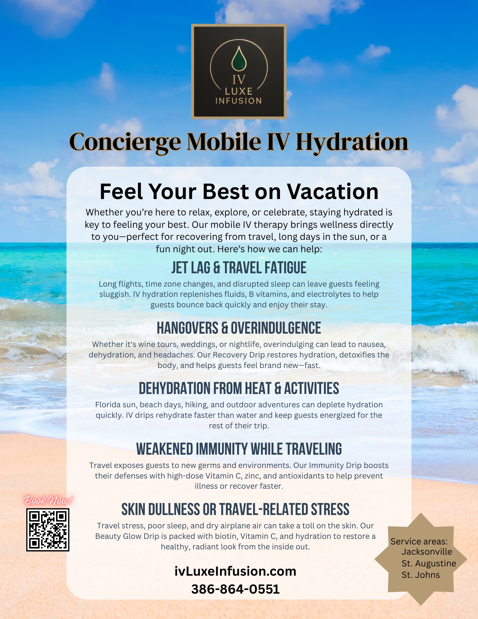 ivLuxeInfusion flyer promoting concierge mobile IV hydration for vacation recovery, featuring beach background and logo.