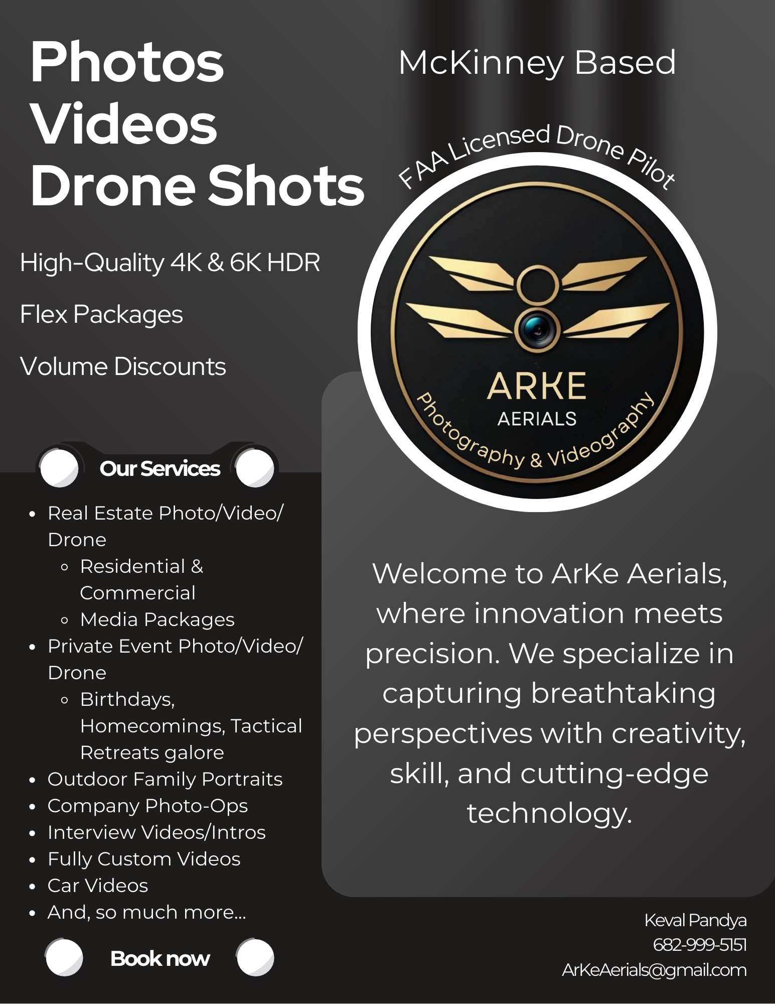 Flyer for ArKe Aerials, McKinney-based drone and video services offering real estate, events, and custom media.