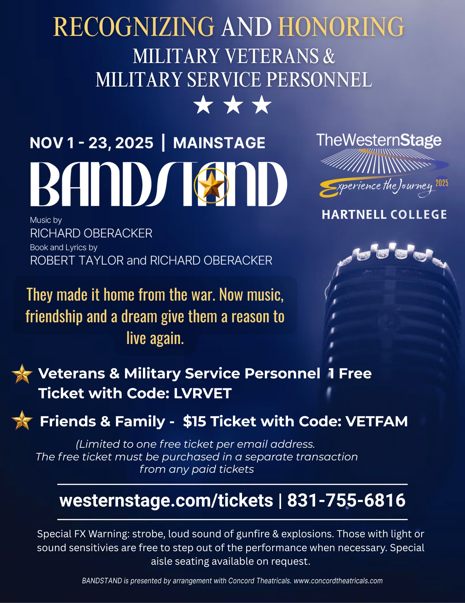 Navy Blue background, dark stage with a small light on a 1940's microphone. Bandstand now playing Nov 1st-Nov 23rd at the Wes