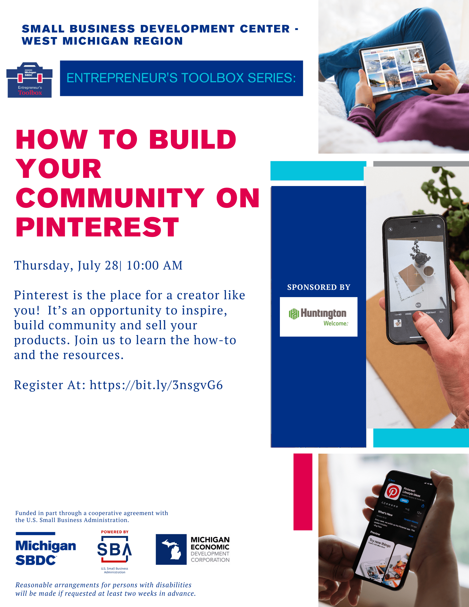 Thursday, July 28| 10:00 AM  Pinterest is the place for a creator like you!  It’s an opportunity to inspire, build community