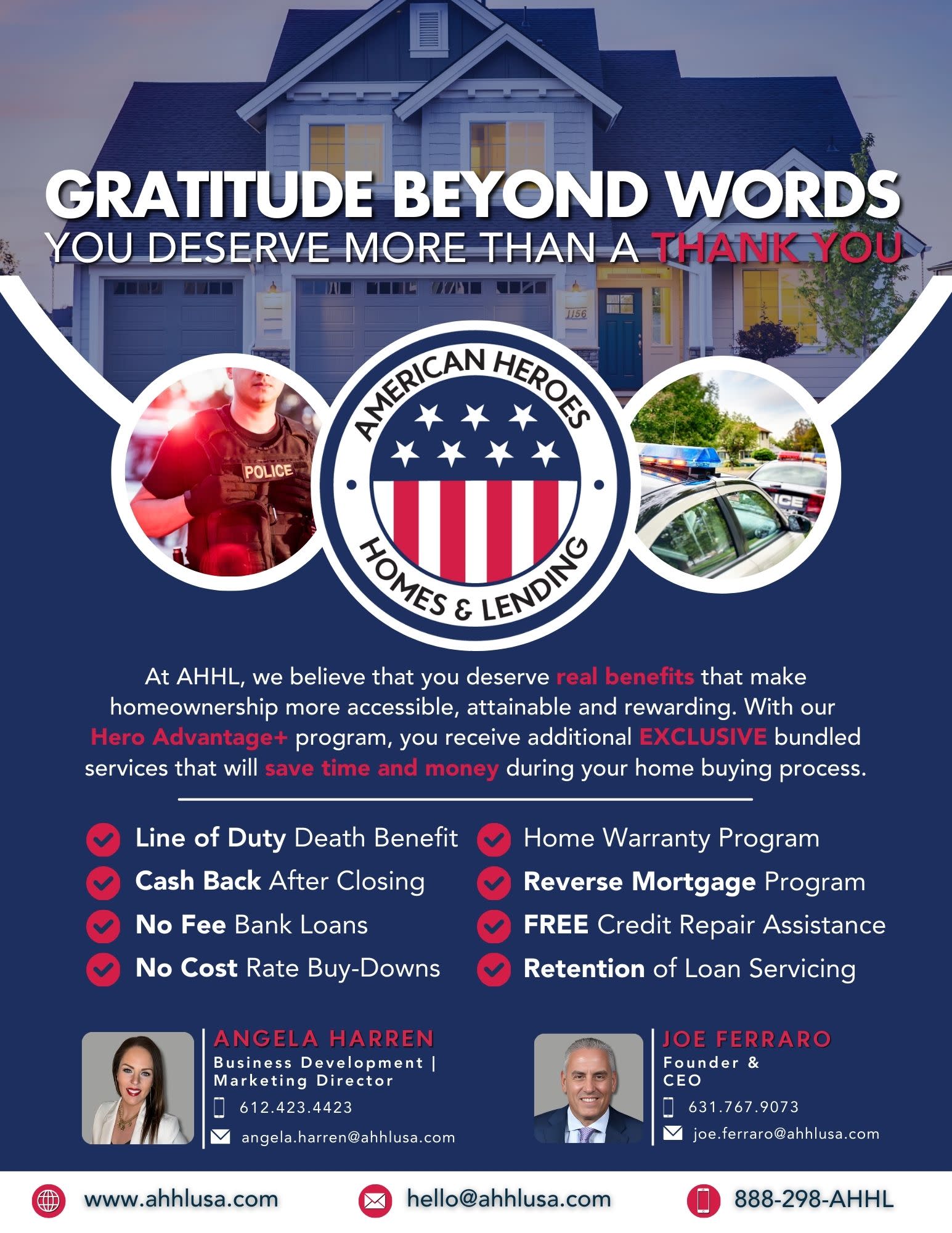 A flyer from American Heroes Homes and Lending outlining exclusive home buying and selling benefits for First Responders.