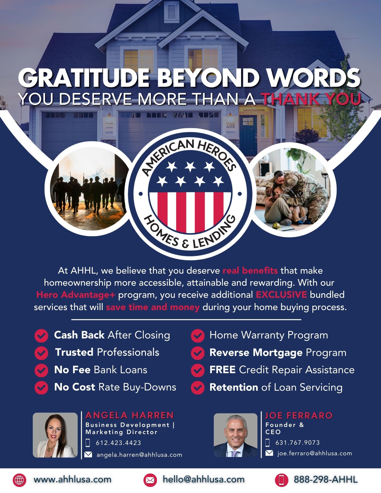 A flyer from American Heroes Homes and Lending outlining exclusive home buying and selling benefits for military members.