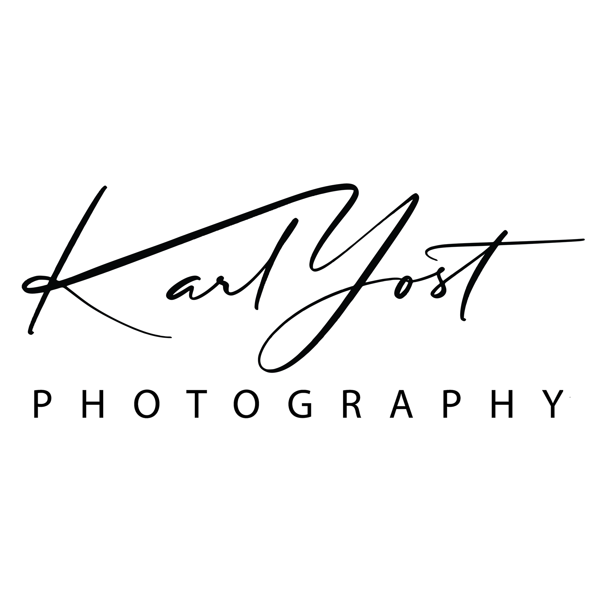Karl Yost Photography logo in black, featuring a stylized signature and silhouette of rolling hills or treetops beneath the t