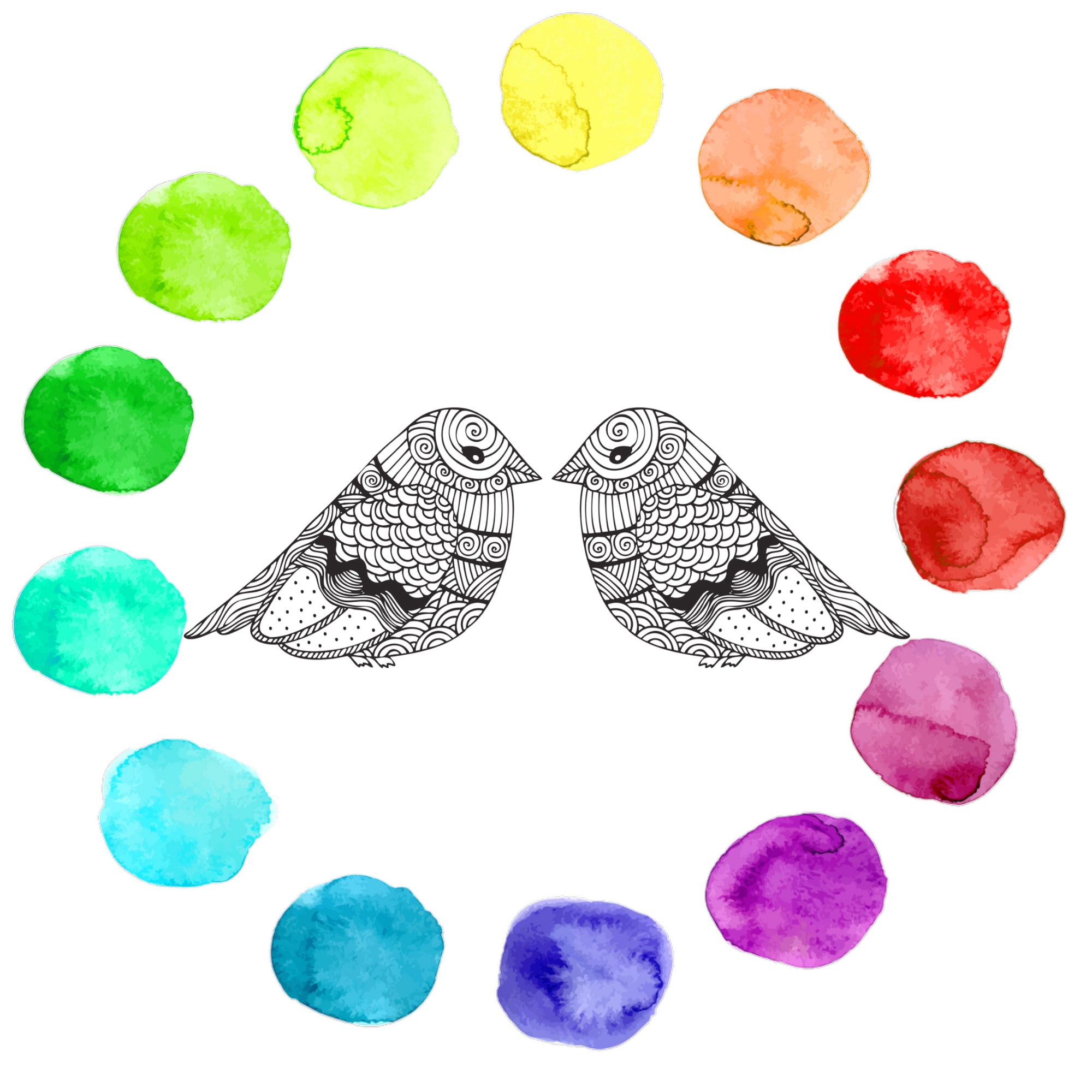 Round blobs of watercolor paint in rainbow order surrounding two small illustrated birds.