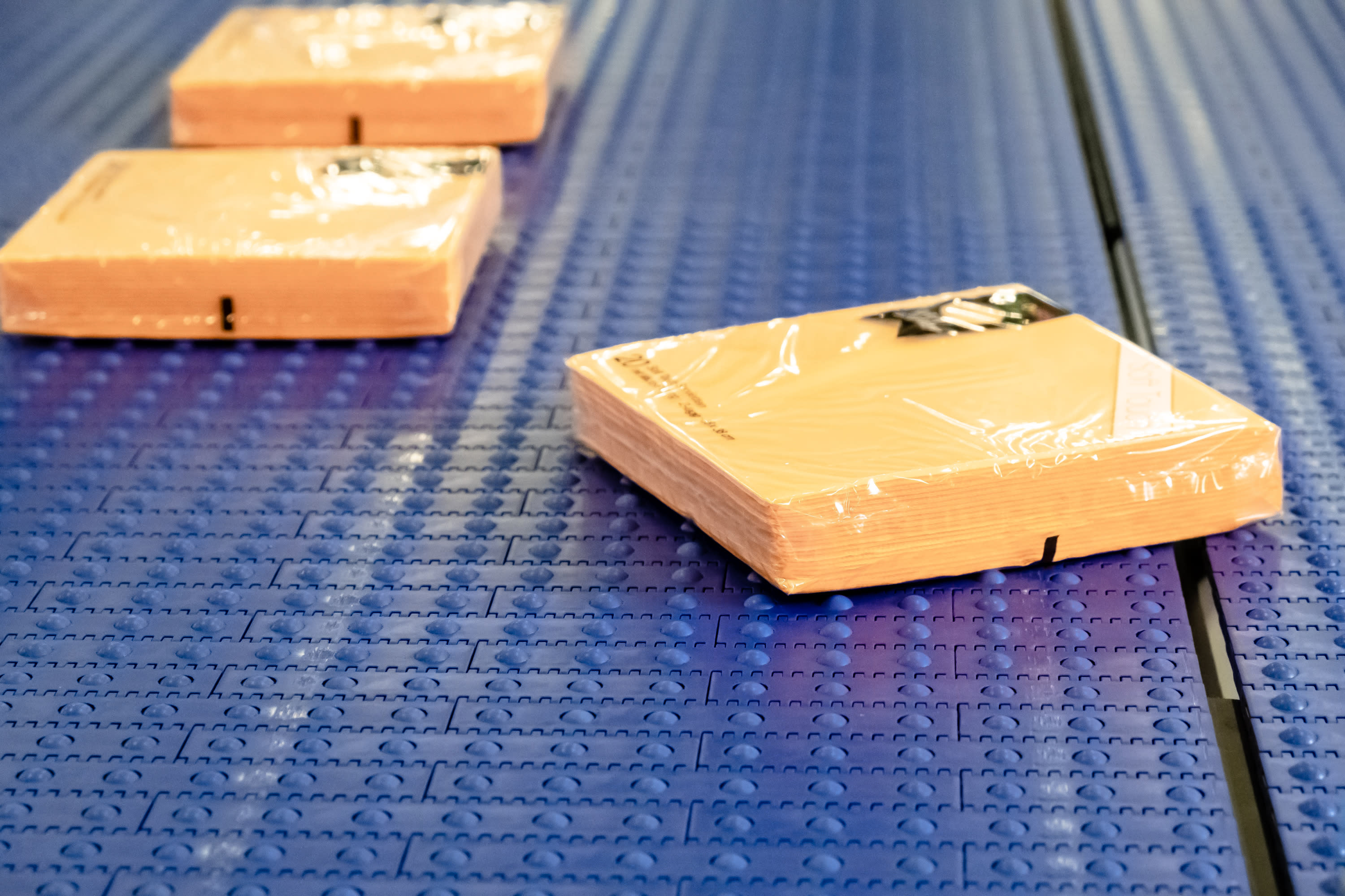 Packages on the M2483 plastic belt.