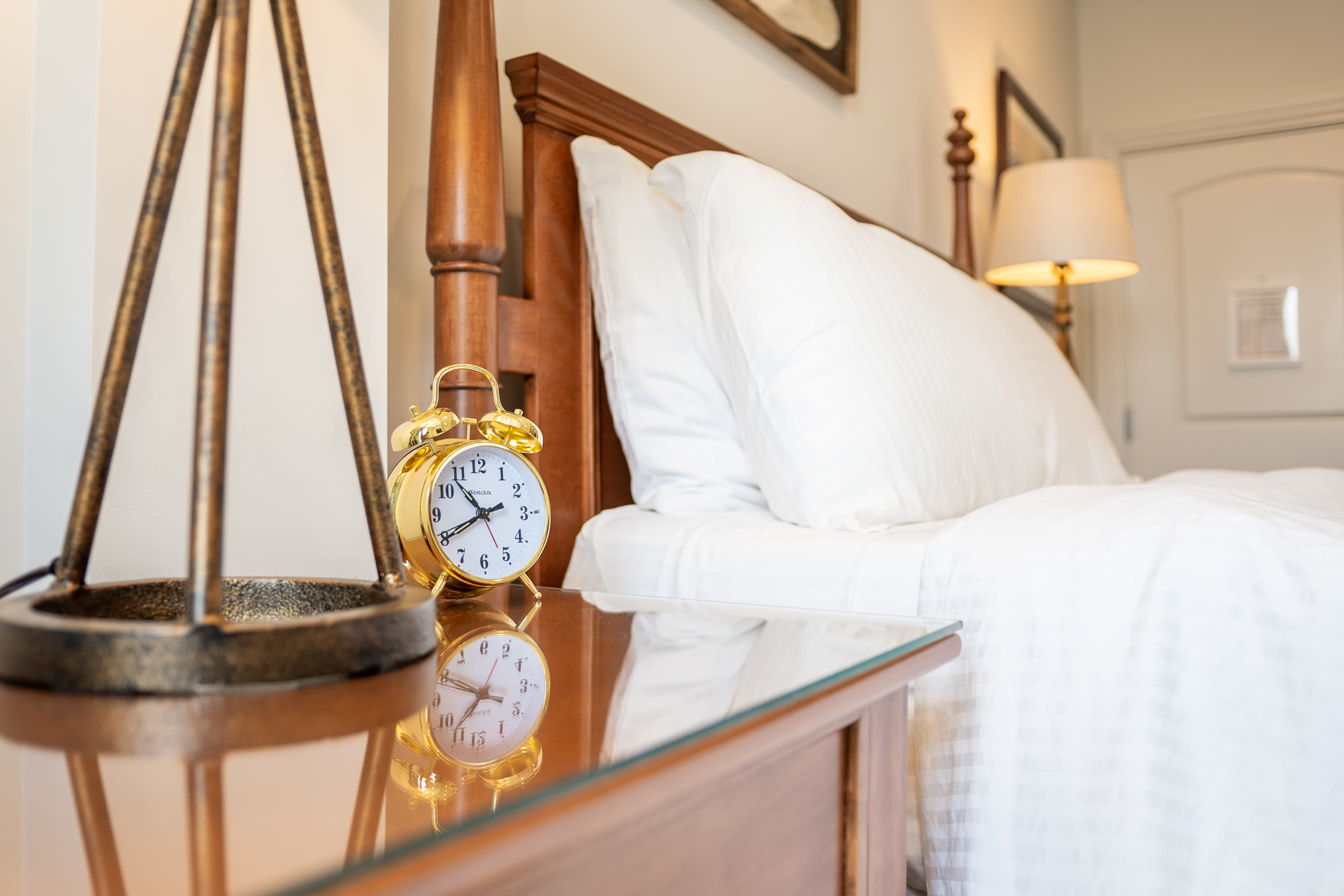 alarm clock on nightstand in hotel room in Mystic