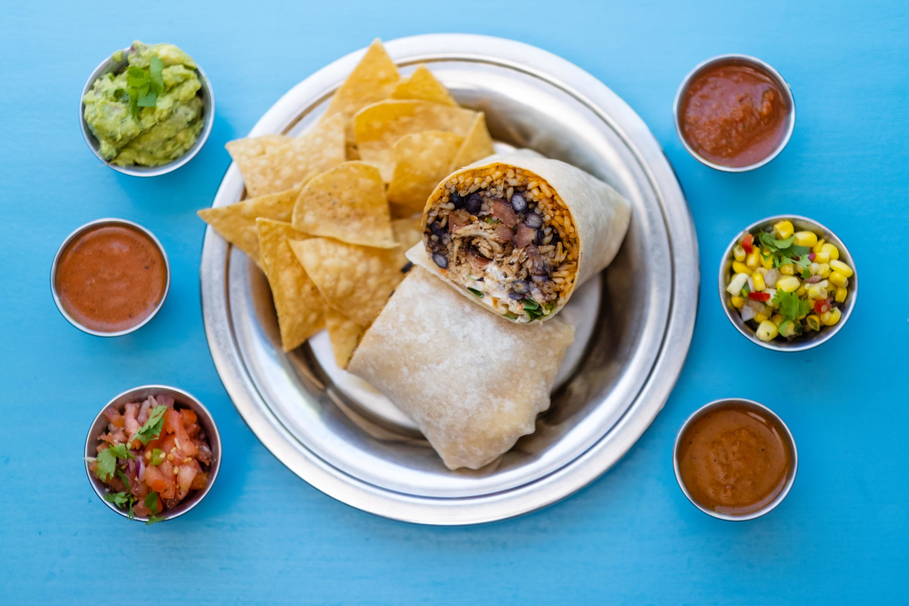 Burrito and sauces at Dos Amigos Burritos