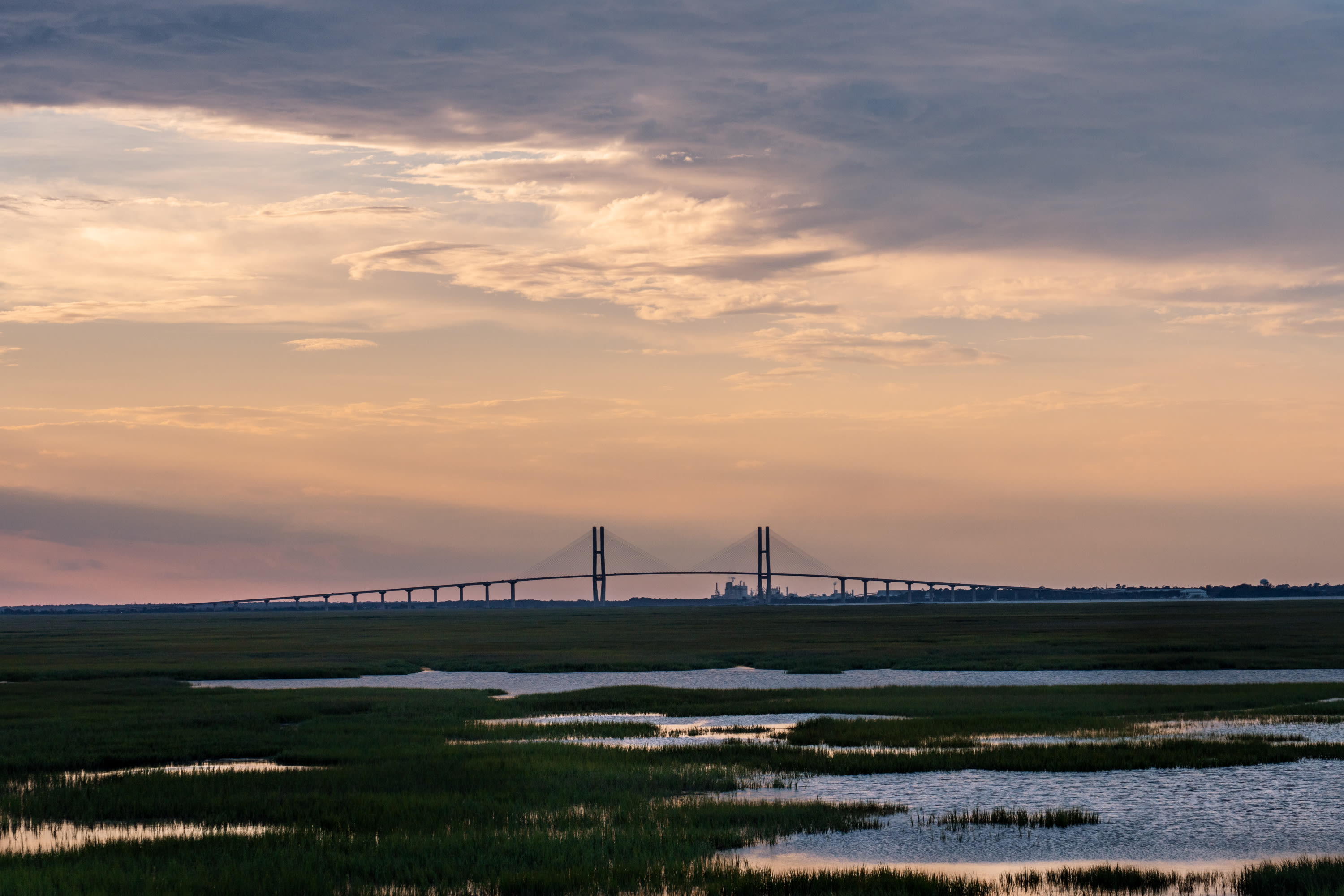 Sidney Lanier Bridge in the Golden Isles after sunset and a storm