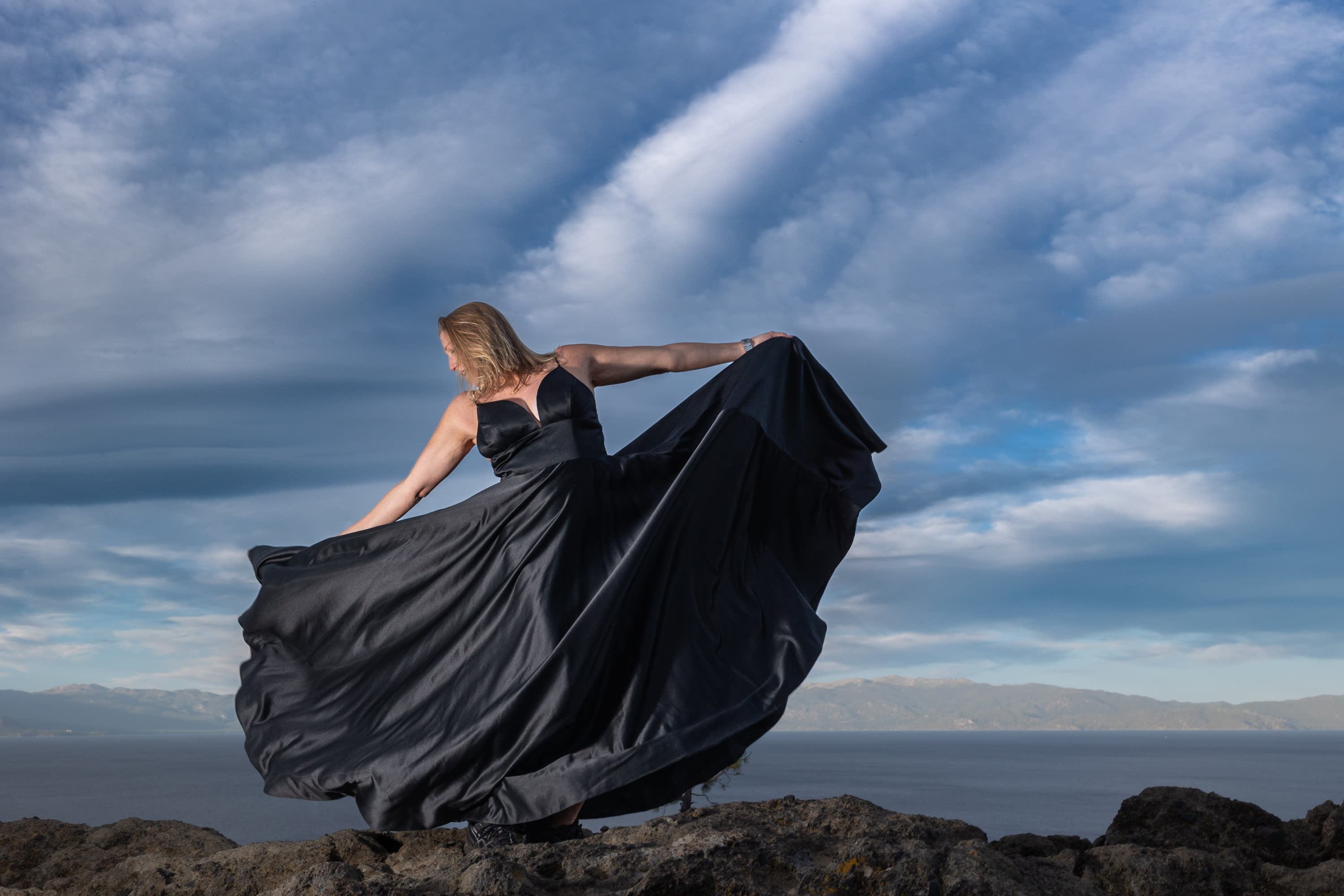 Dramatic Black Gown Portrait Overlooking Lake Tahoe