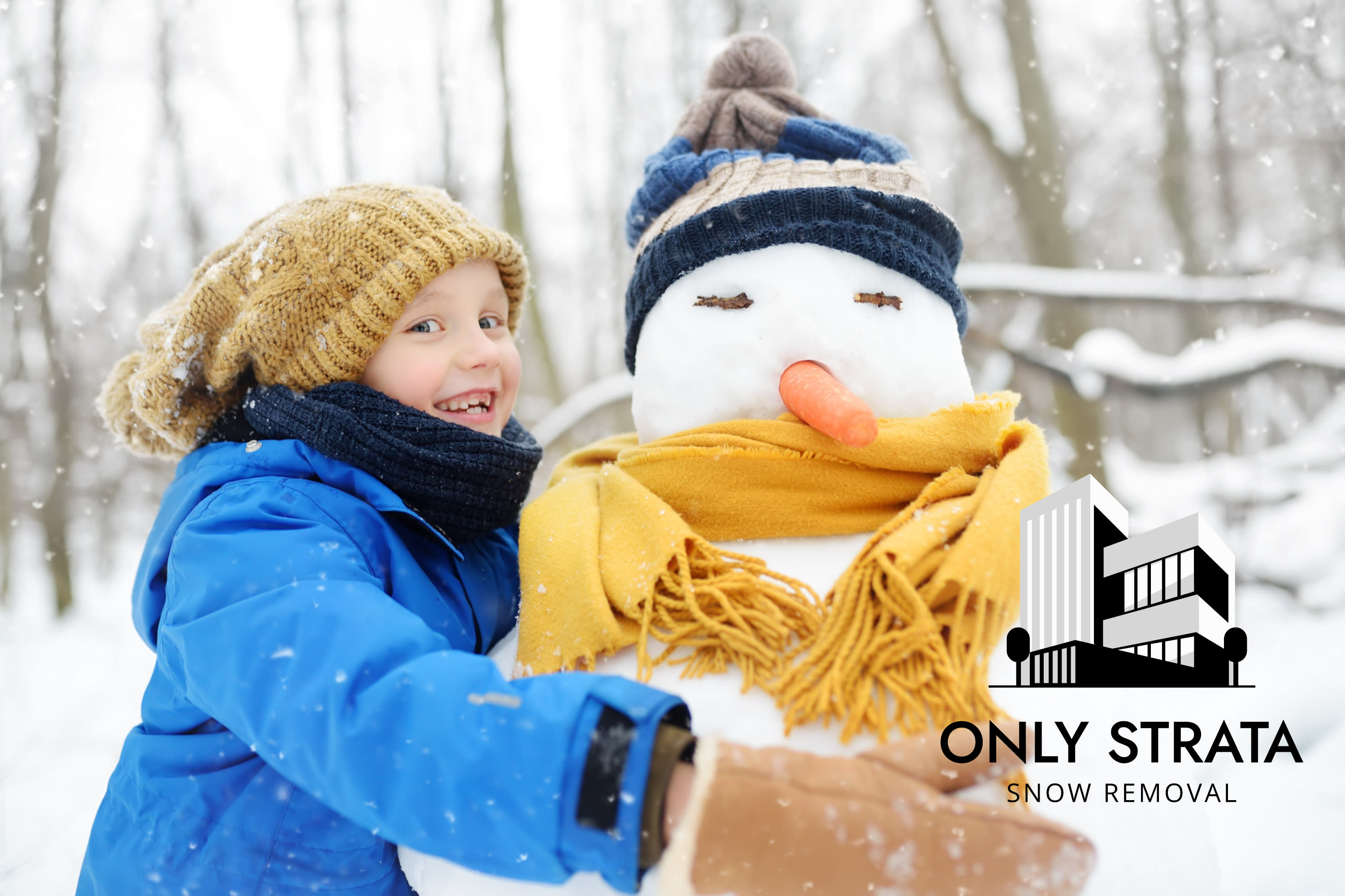 Child playing in snow at a Chilliwack strata community with cleared sidewalks