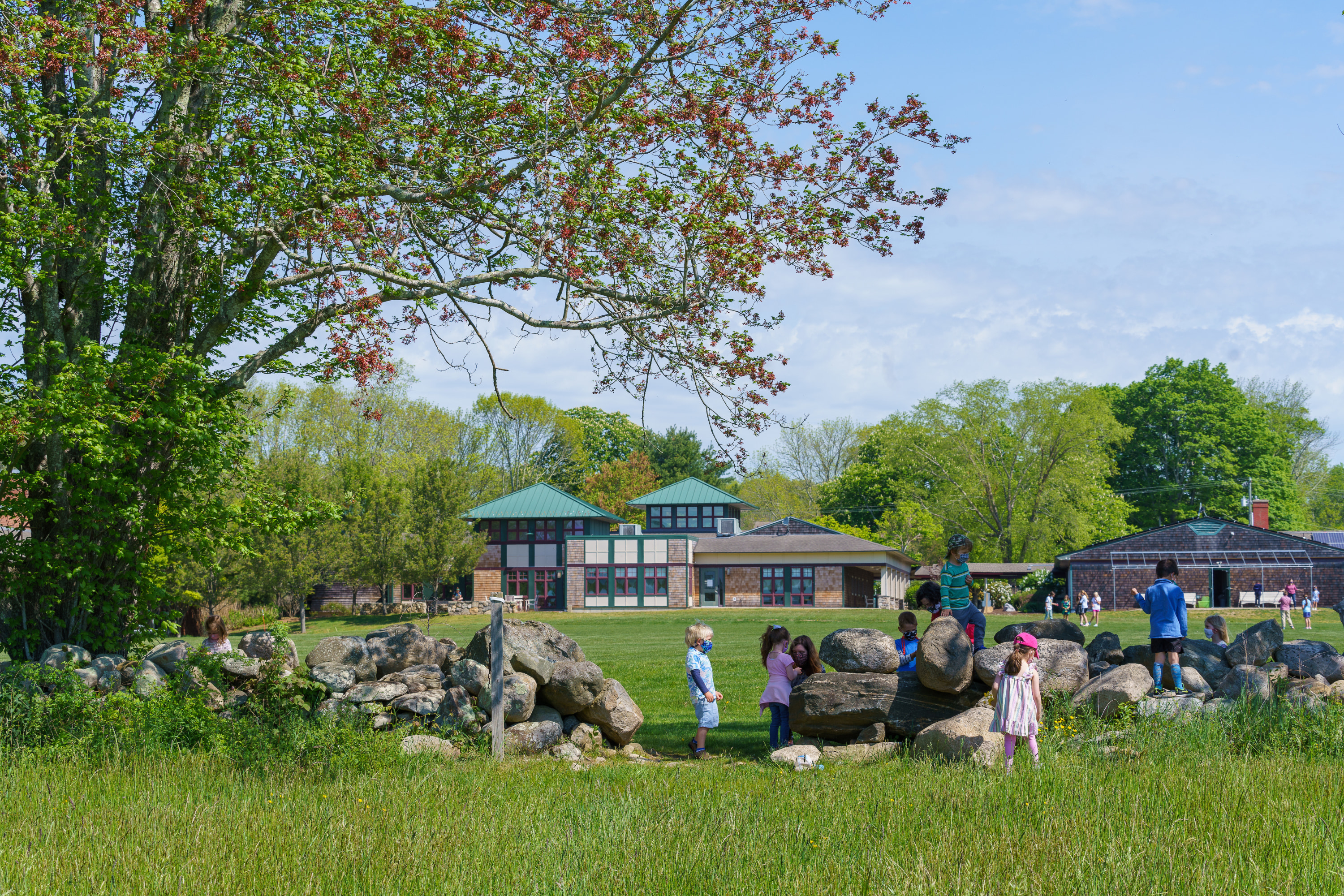 Students explore nature along the rock wall.