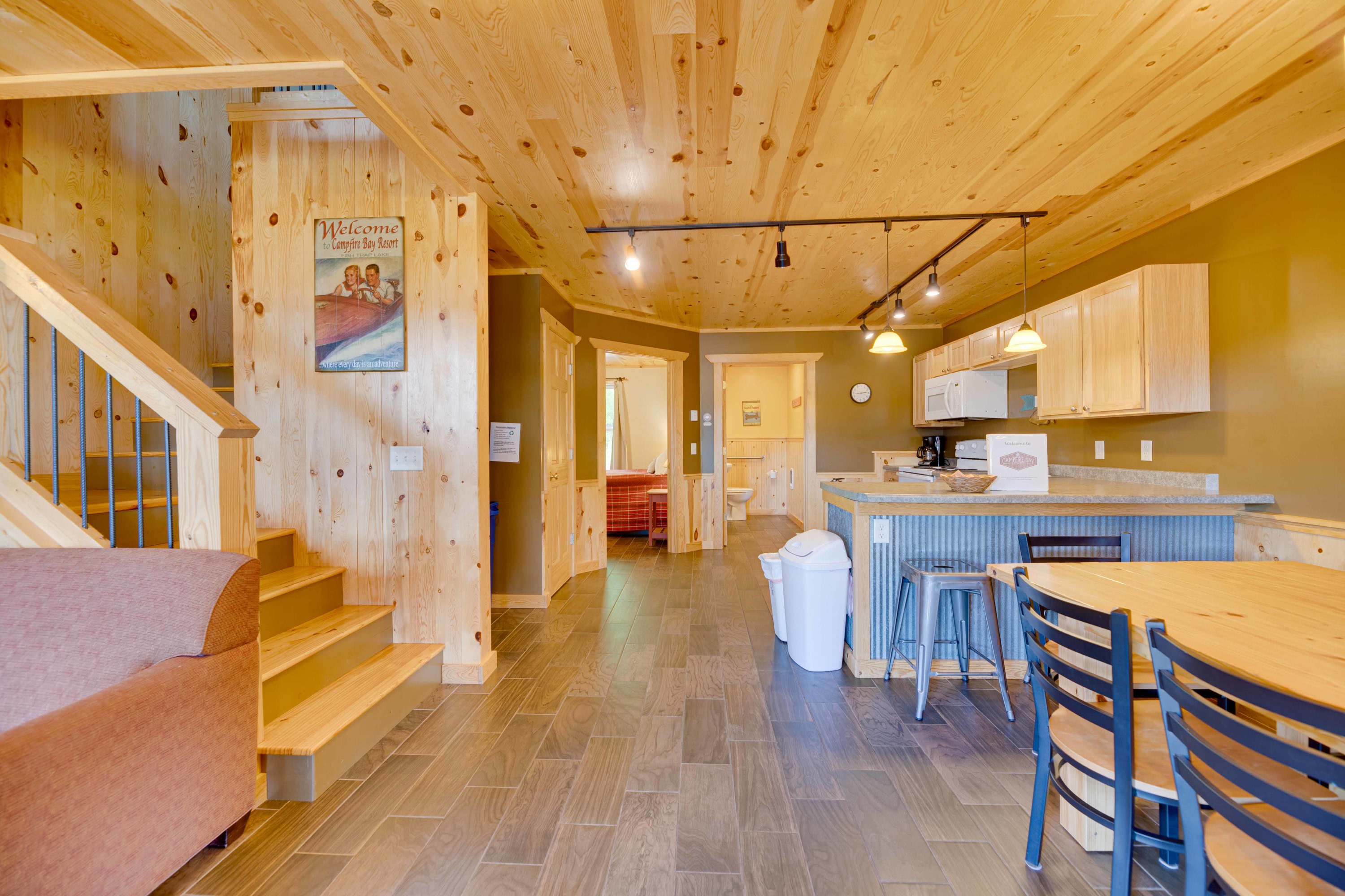 Lakeside Resort Cabins with knotty pine interior, wood floors and modern conveniences