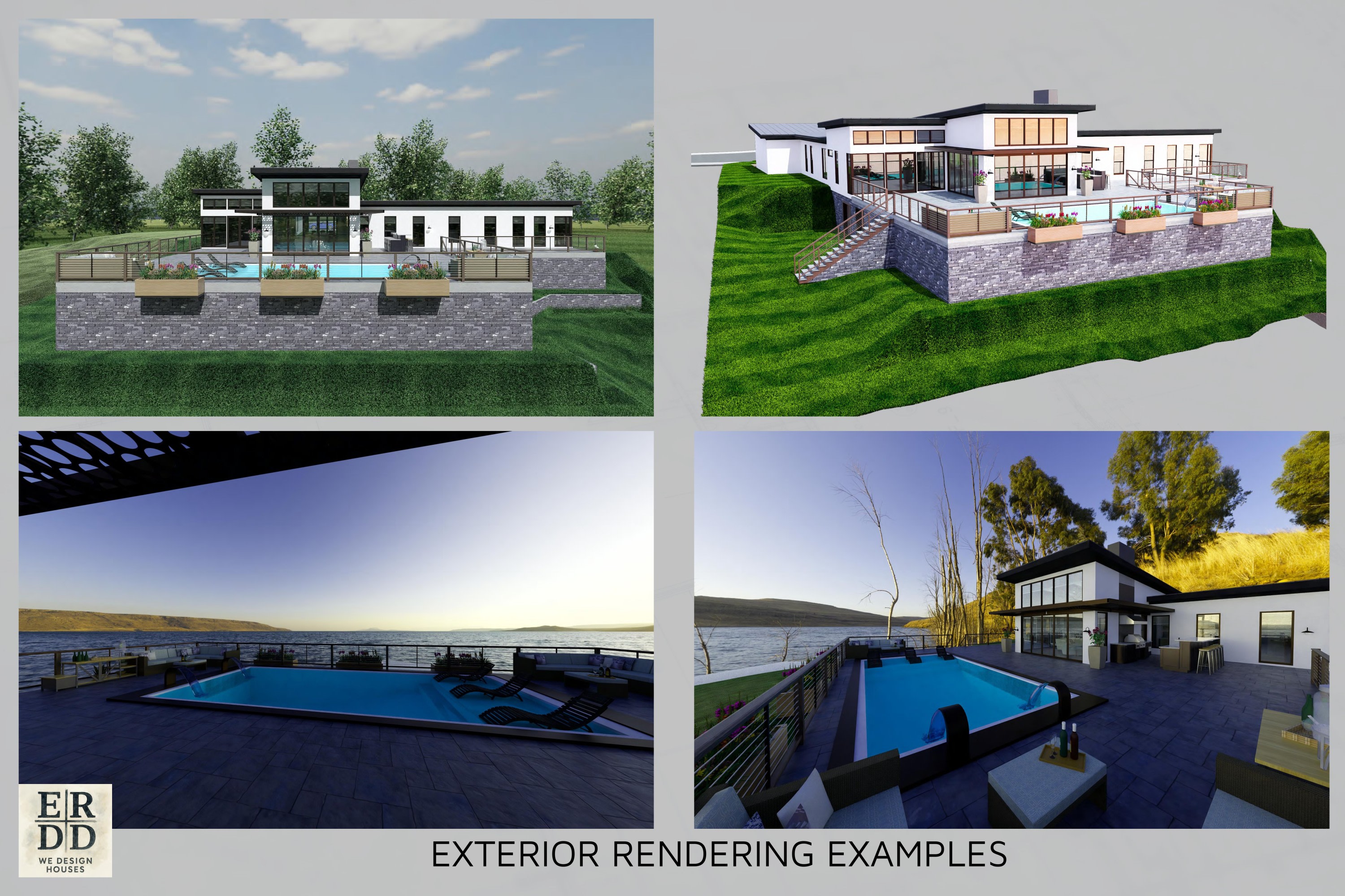 3D model of a contemporary home with an inviting pool and spacious deck area.