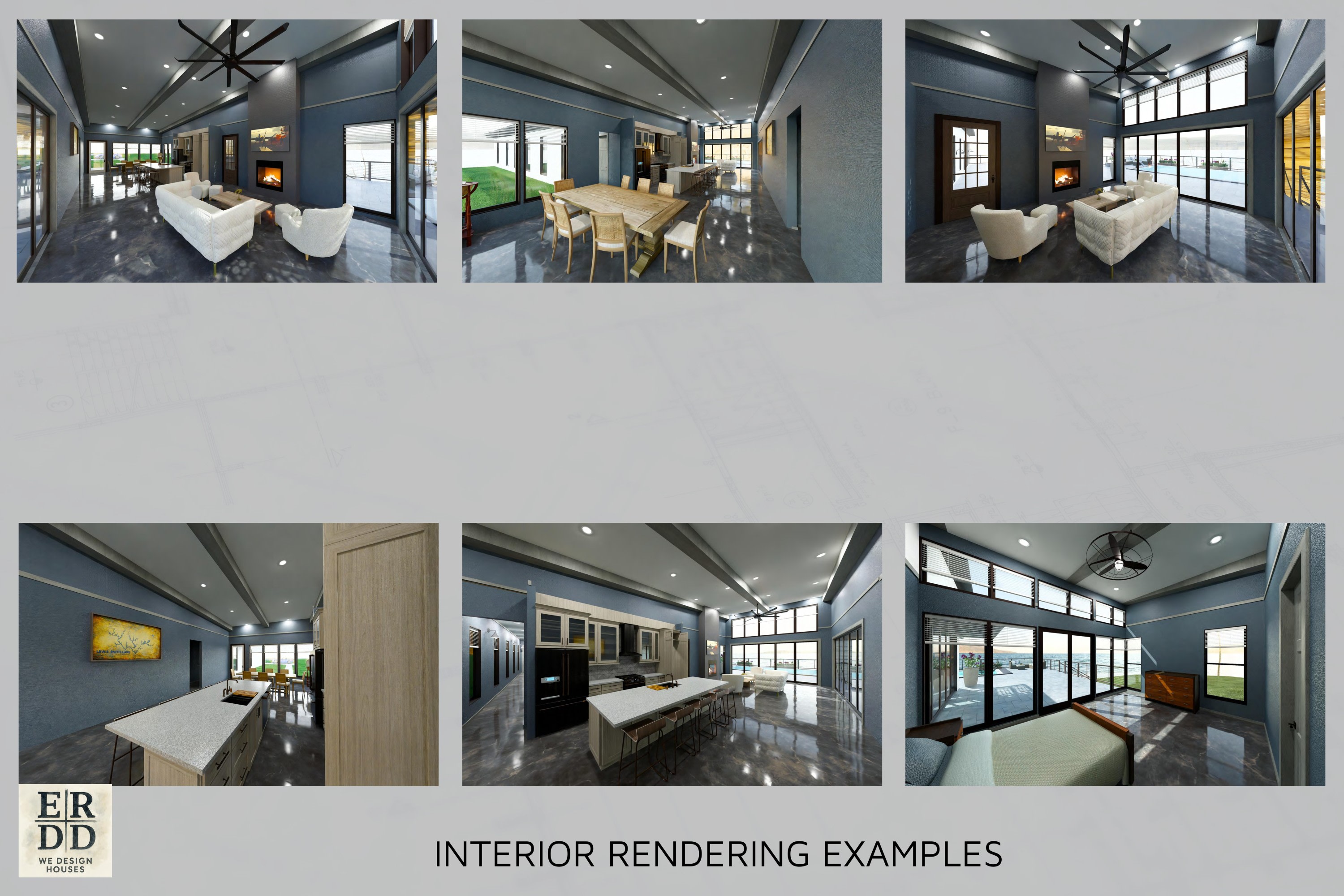 Interior rendering examples showcasing various design styles and layouts in a modern living space