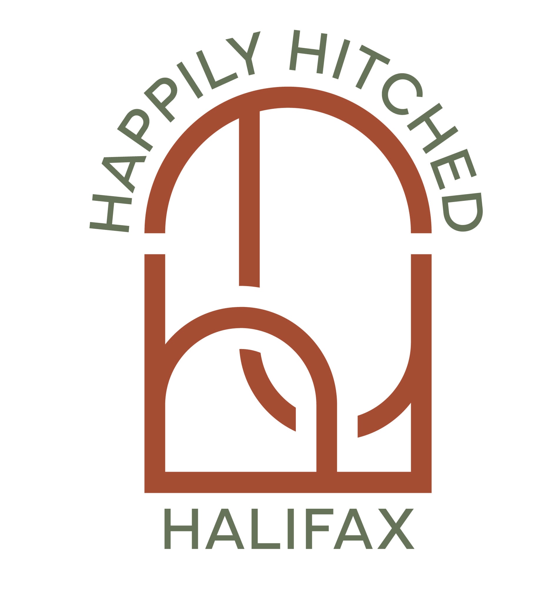 Logo: 2 stylized letters "H" in the shape of an arch (in terracotta colour), with "Happily Hitched Halifax" in Green