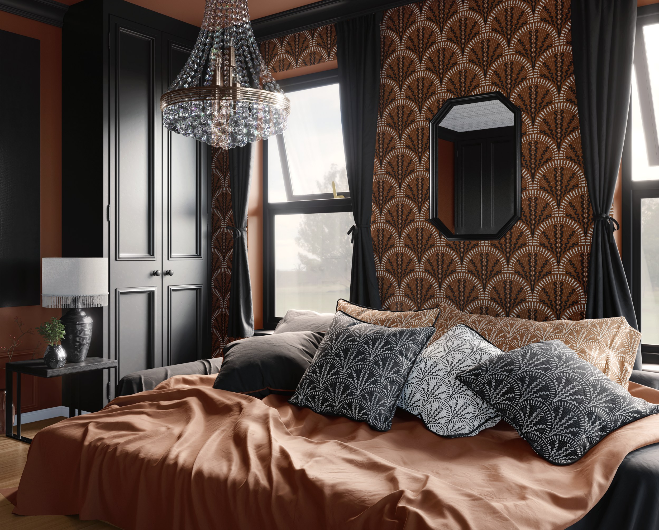 Feeling Africa - 04 Paintbrush Scallops Black & White on Brown (wallpaper) with other patterned fabrics from the collection