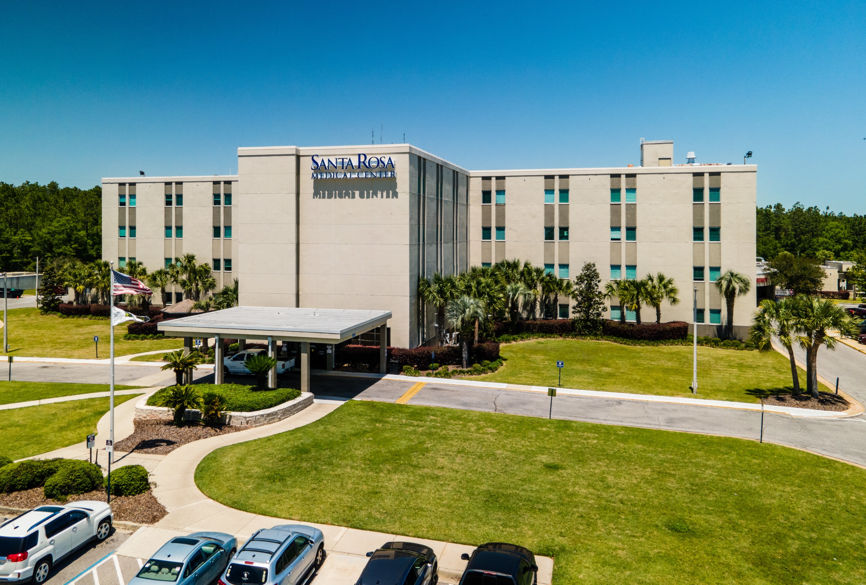 aerial image of Santa Rosa Medical Center's front entrance and wings of building.