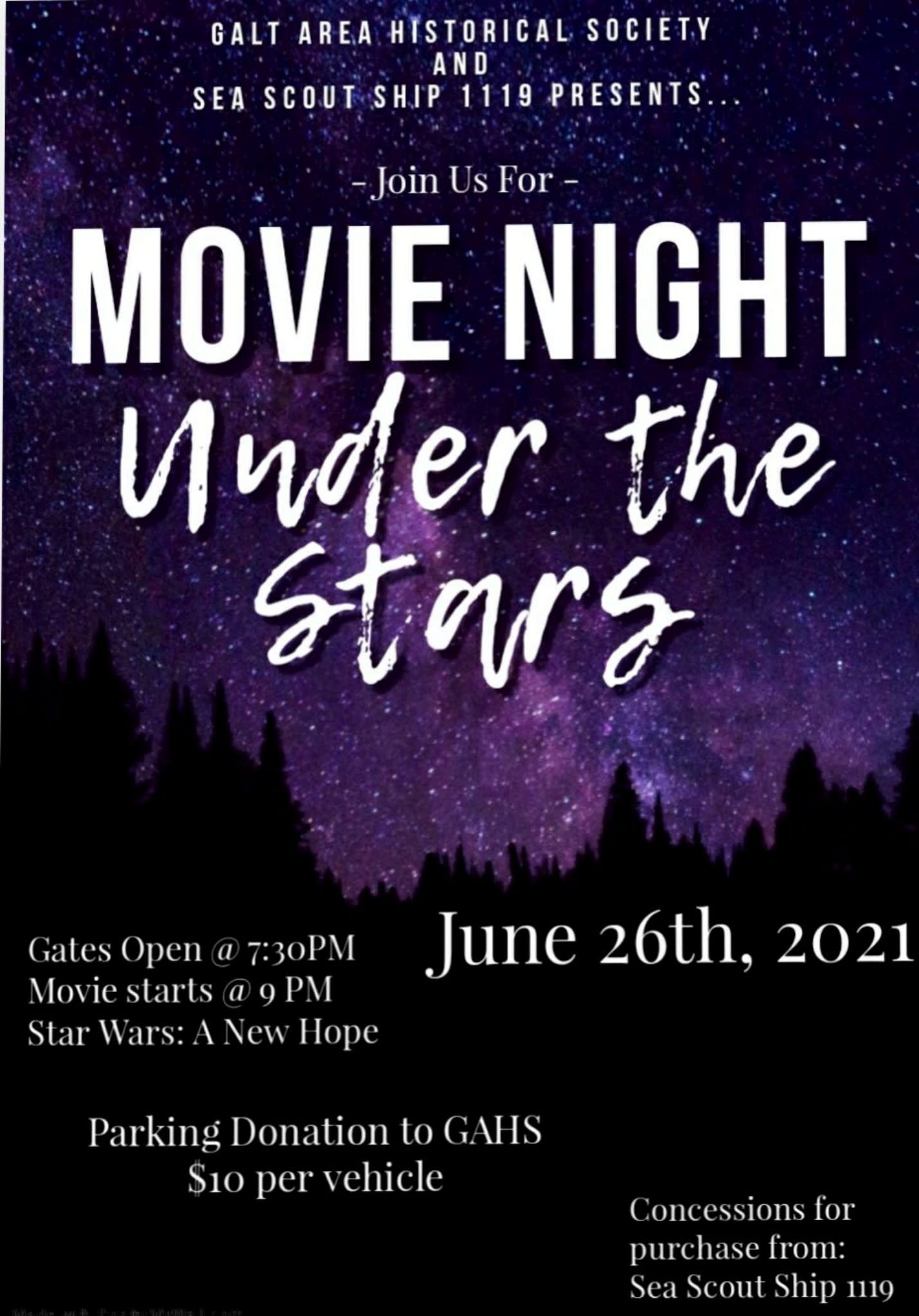 Movie Night Under the Stars flyer - June 26, 2021