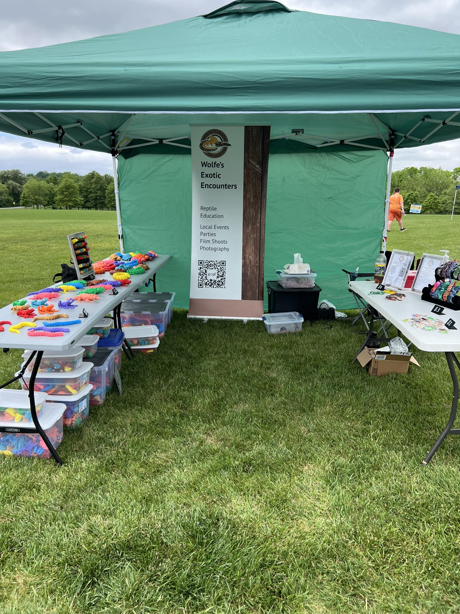 Vendor booth with Wolfe's Exotic Encounters banner, toy reptiles on tables, grassy field, trees, and a person walking nearby