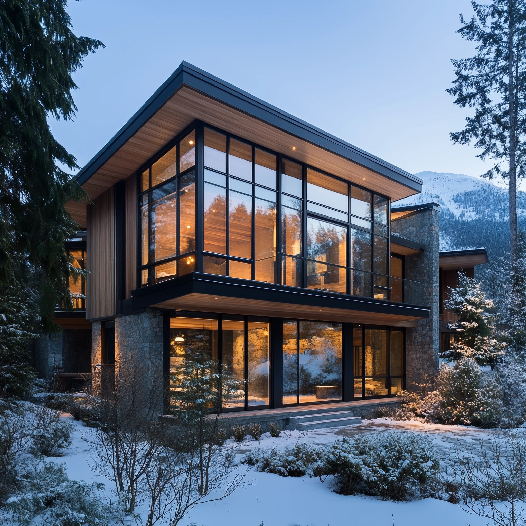 Modern home with glass walls, wood soffits, and stone cladding, set in snowy West Vancouver.