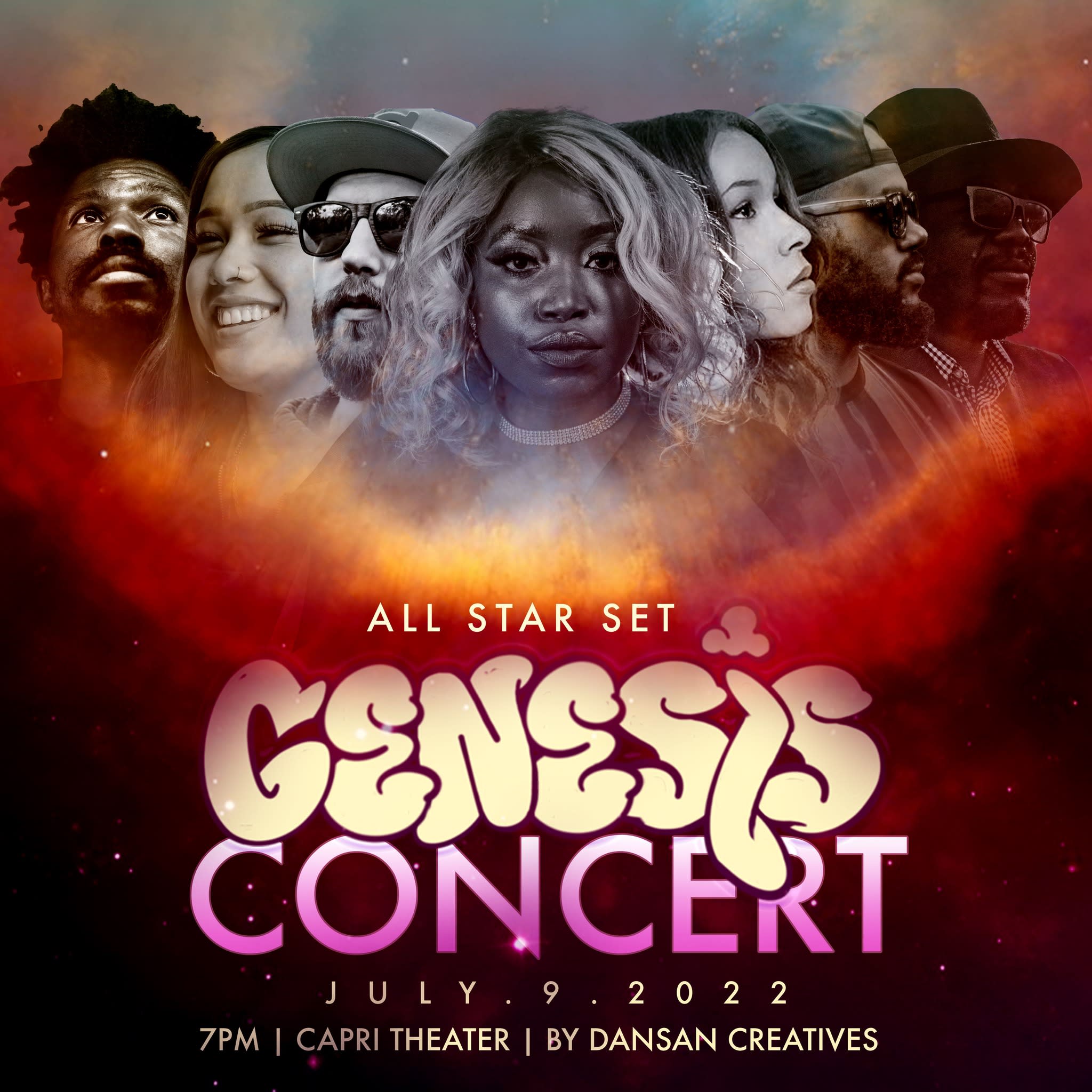 seven people, the concert musicians, looking in a variety of directions above the words Genesis Concert.