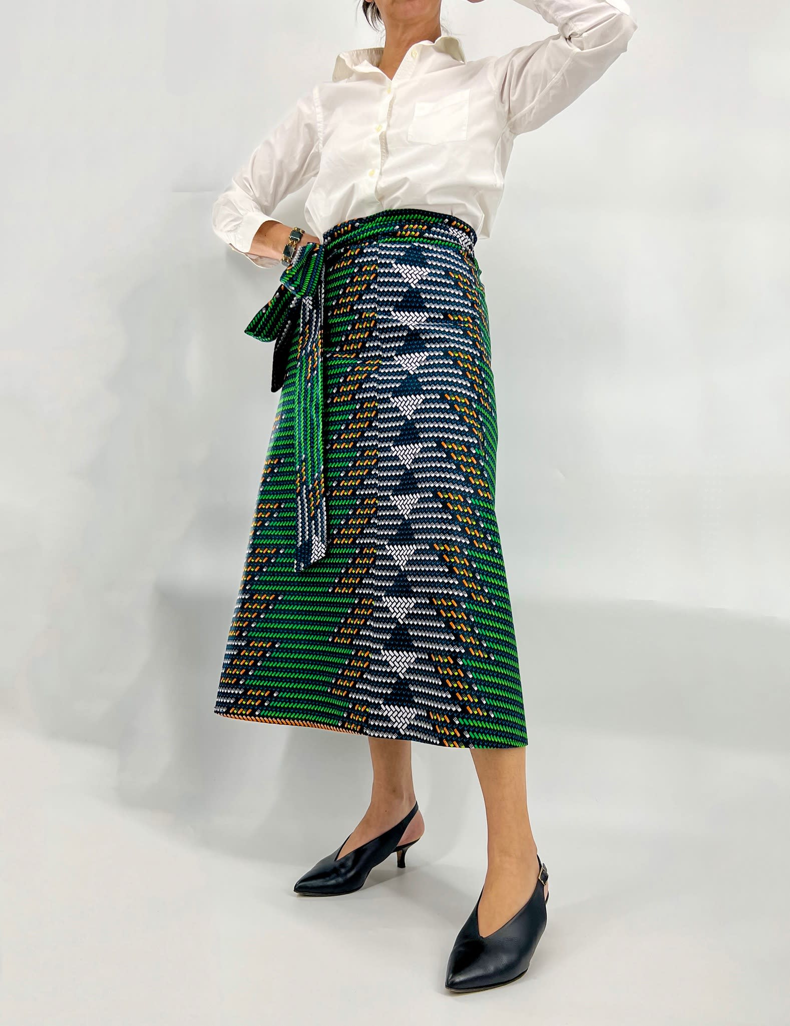 Green Bricks Wrap Skirt with white shirt