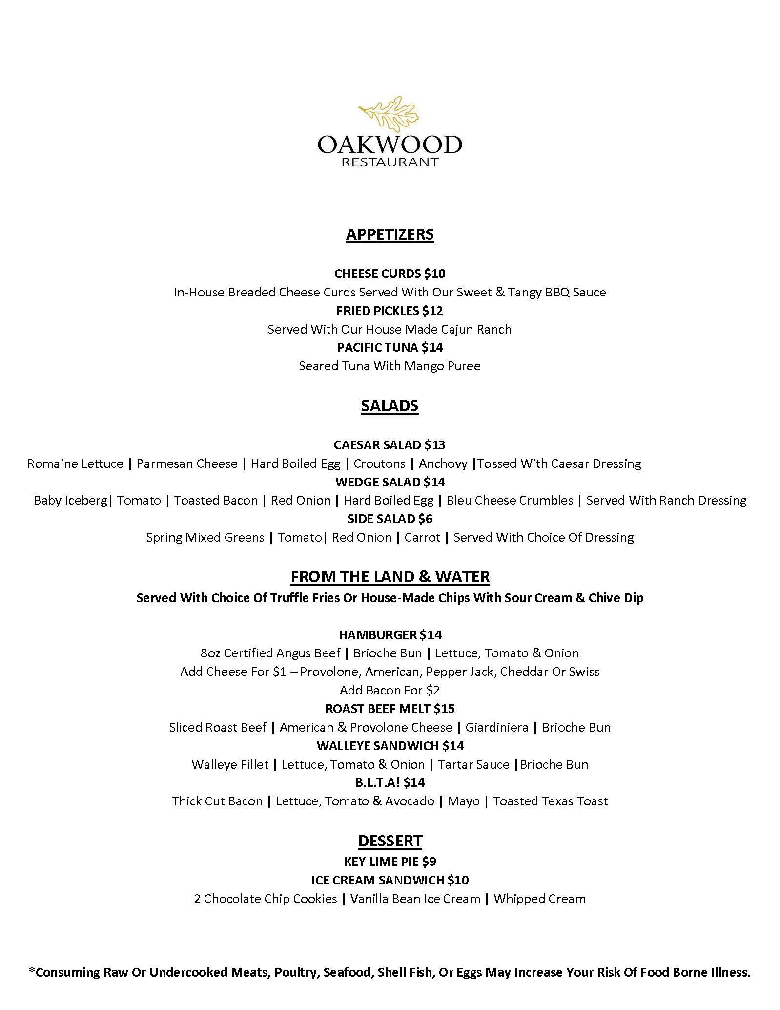 Oakwood Lunch Menu