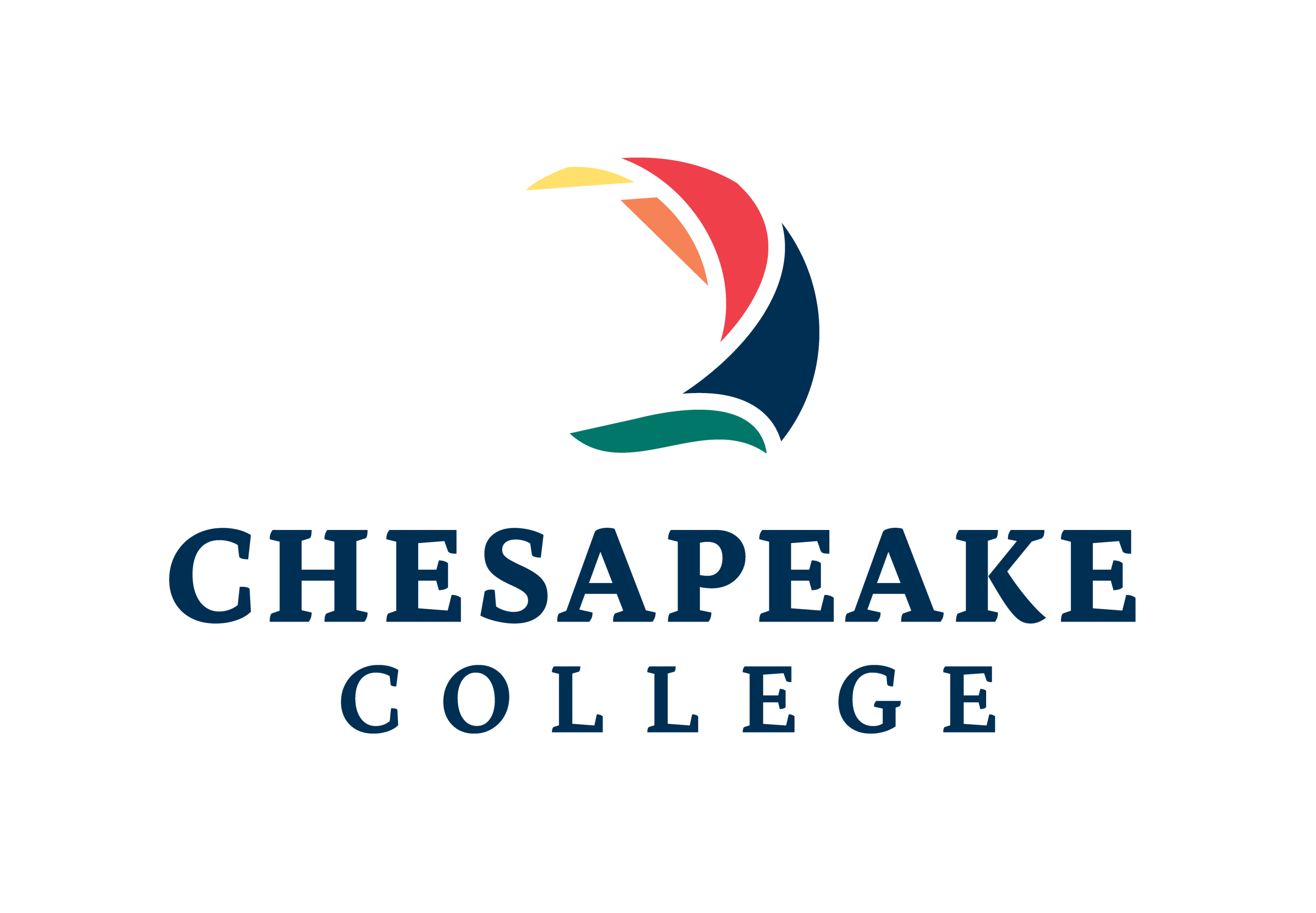 Chesapeake College logo with forward moving skipjack in five colors