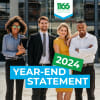 Young professionals stand smiling with "2024 Year-End Statement" written in front of them.