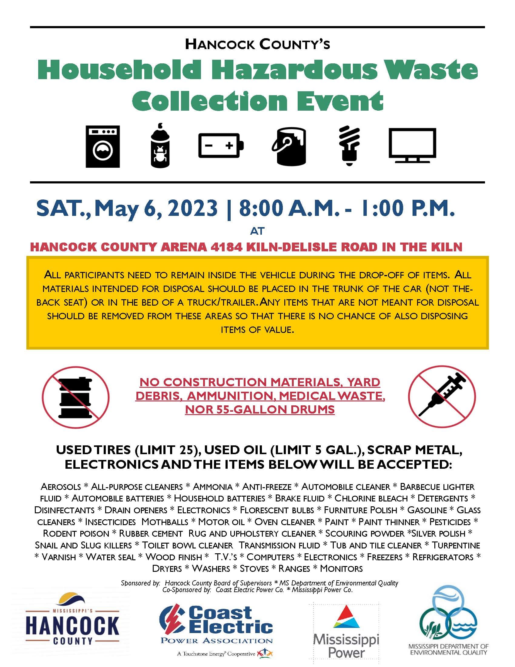 Household Hazardous Waste Collection Event, May 6, 2013, Hancock County Arena, 4184 Kiln-Delisle Road, Kiln
